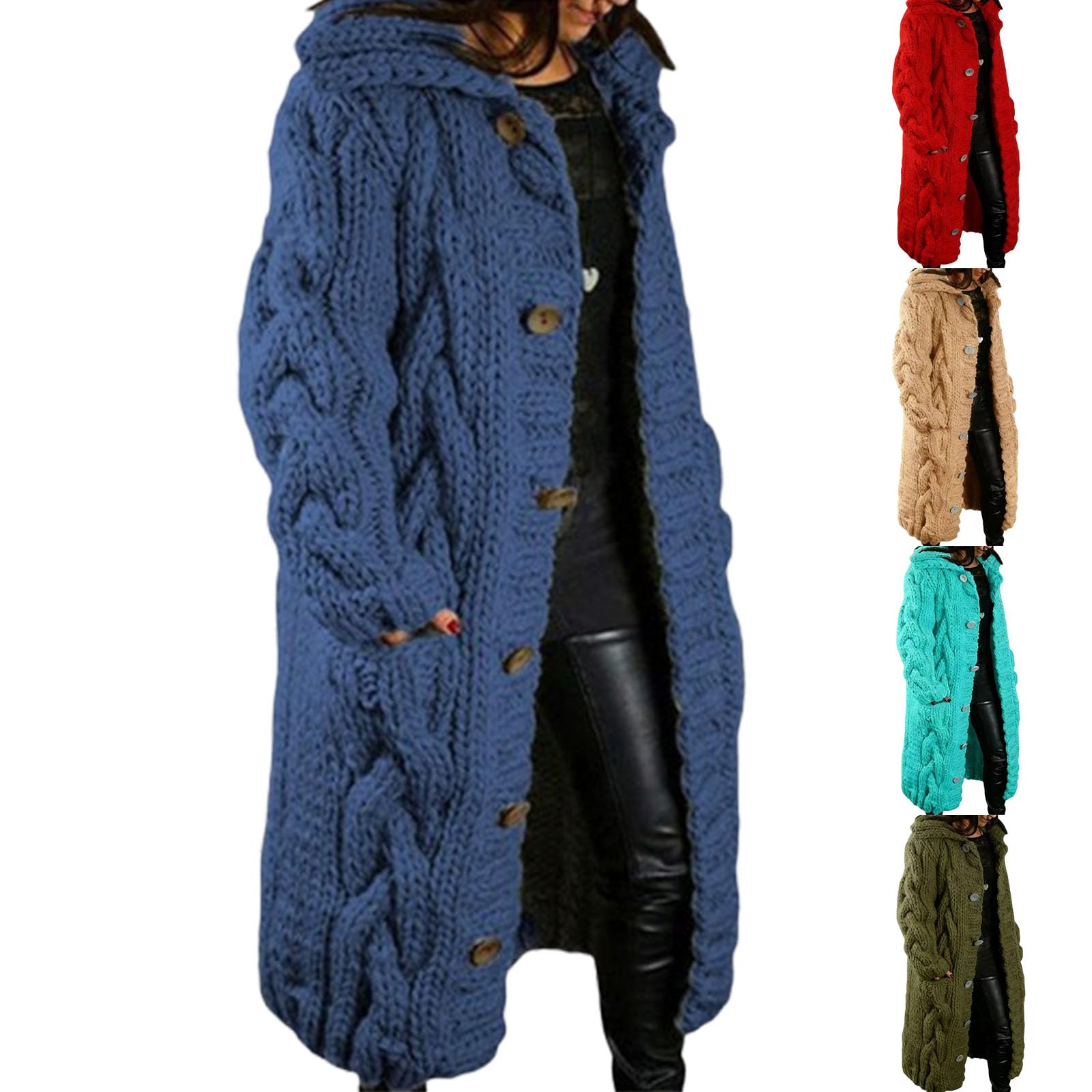 Womens Cable Knit Long Cardigan Sweater Cozy Button Down Chunky Knit Open Front Long Sleeve Cardigan with Pockets