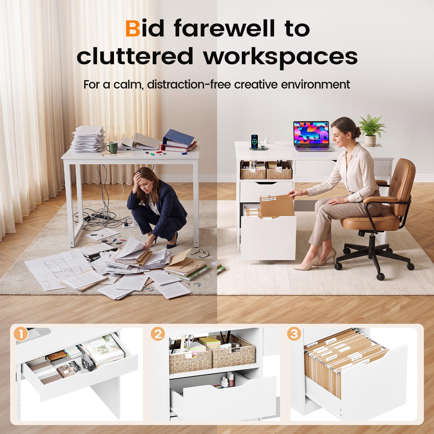 Bureau avec Multiprise, 3 Tiroirs 107 cm, Bureau Enfant avec Rangement