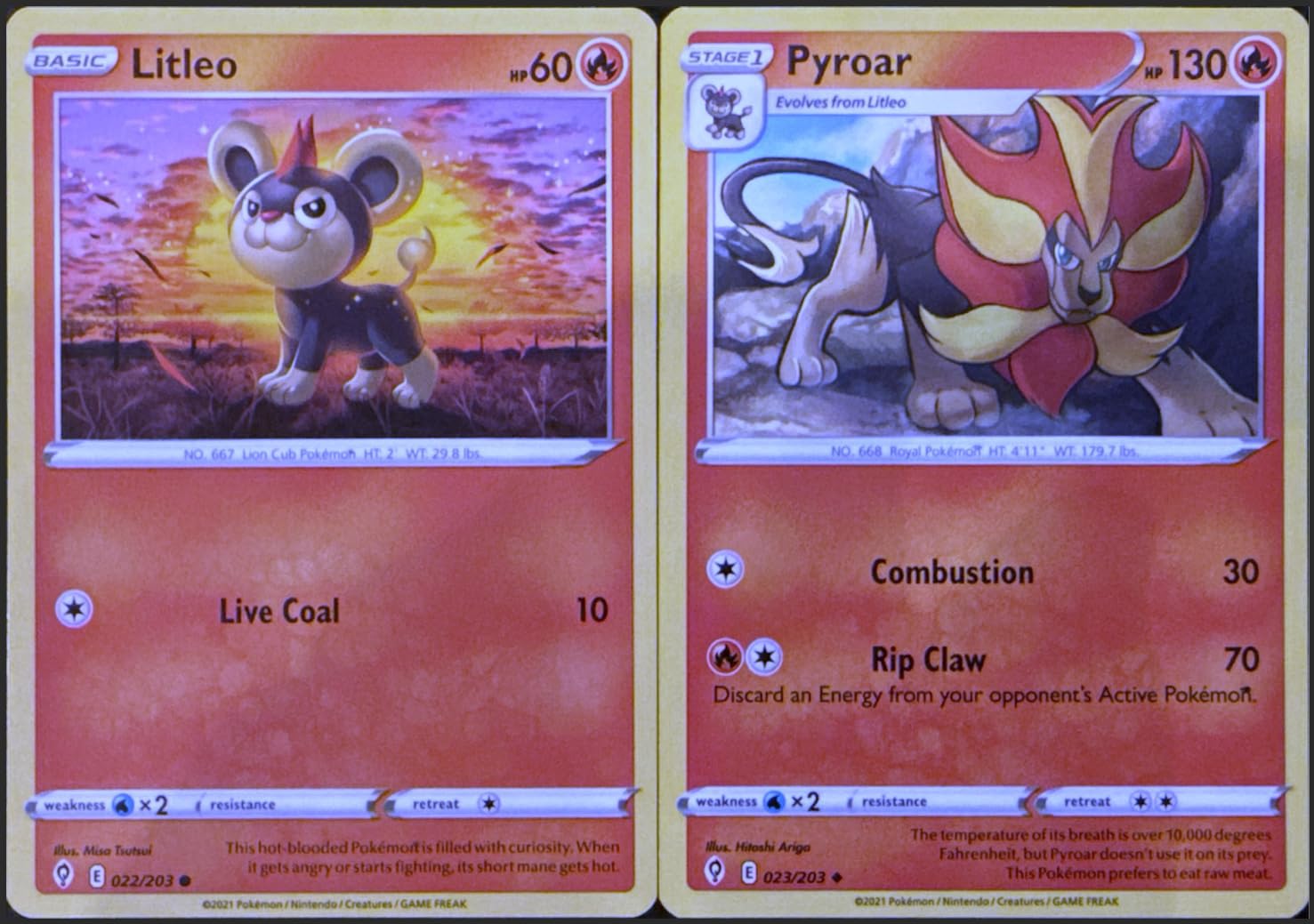 Litleo - 022/203 + Pyroar - 023/203 - Evolving Skies - Evolution Set - NM/M
