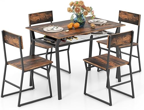 Miniatura 10 de GOFLAME Juego de mesa de comedor de 5 piezas, juego de comedor para 4 personas con marco de metal resistente, estante de almacenamiento, mesa de