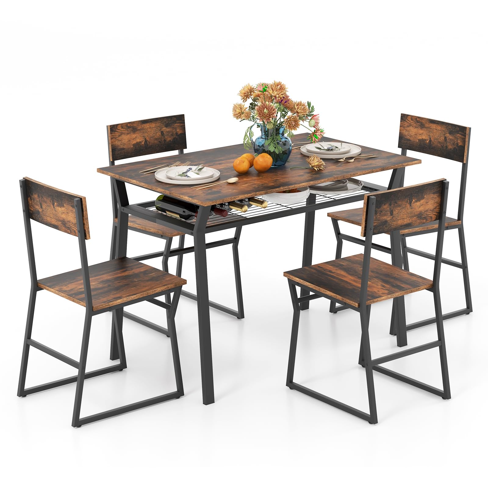 GIANTEX Essgruppe Esstisch mit 4 Stühlen, Esszimmergruppe Küchentisch Set für 4 Personen, Esszimmer Tisch Set Esstisch Metallrahmen, Esszimmergarnitur Sitzgruppe Industrie für Esszimmer Küche