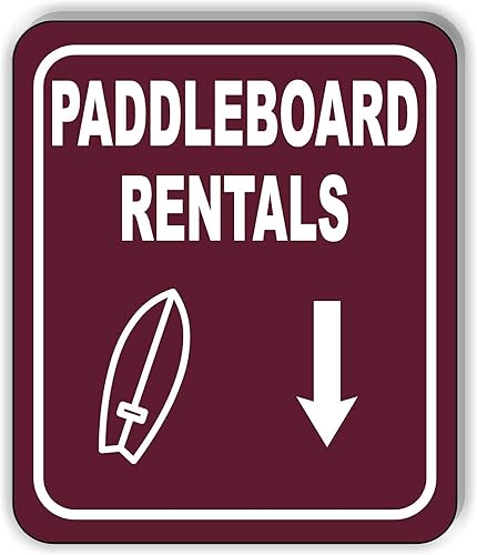 Señal de aluminio para exteriores con diseño de flecha y texto en inglés "Paddleboard RENTALS Directional DOWNWARDS", 8.5 x 10.0in