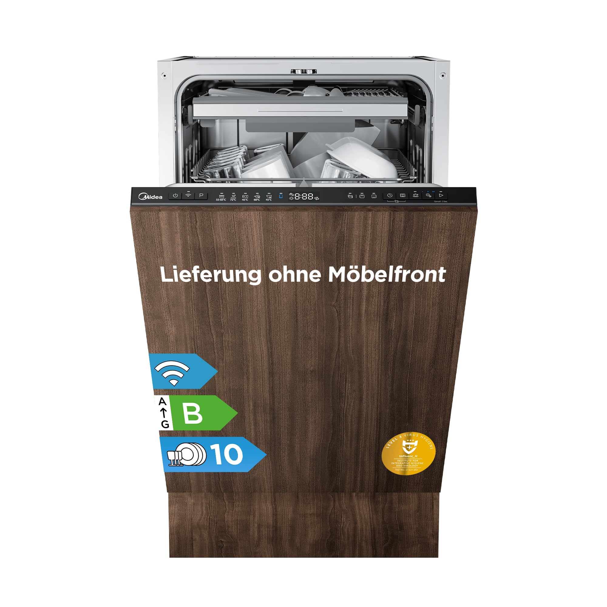Midea Geschirrspüler 45 cm Vollintegrierbar, 10 Maßgedecke, B-Klasse, Auto Open, Ion Dishfresh, HygieneCare+, 42dB Extra Leise, Höhenverstellbarer Oberkorb, Spülmaschine mit Home Connect