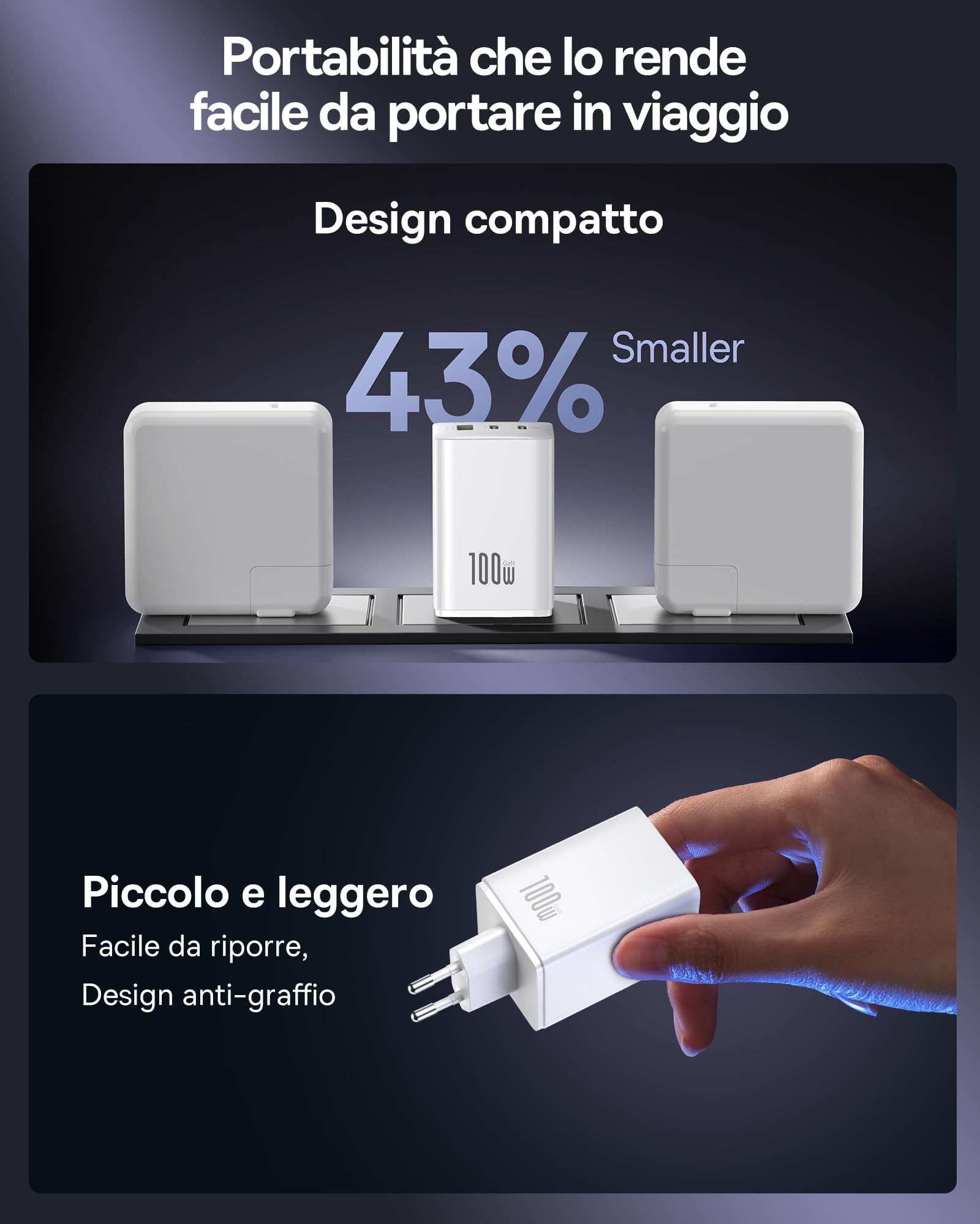 Baseus Enerfill Caricatore USB-C 100W, Alimentatore USB-C a 3 Porte, Caricatore PD con PPS, Caricatore Rapido GaN compatibile con MacBook Pro/Air, iPad, iPhone 17/16/15/14 Serie, Galaxy S25, Pixel
