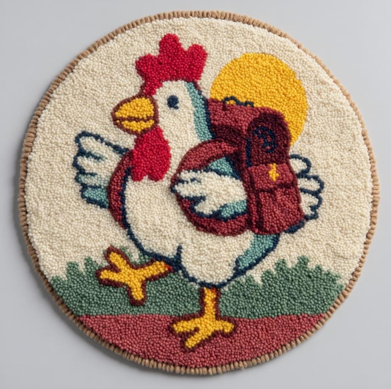 WallustrioaW DIY Latch Hook Rug Kits,Chicken with a Schoolbag,Pre-Printed Canvas DIY Rug Making Kit,Cross Stitch Carpet Crochet Crafts - Home Decor Project,50x50cm