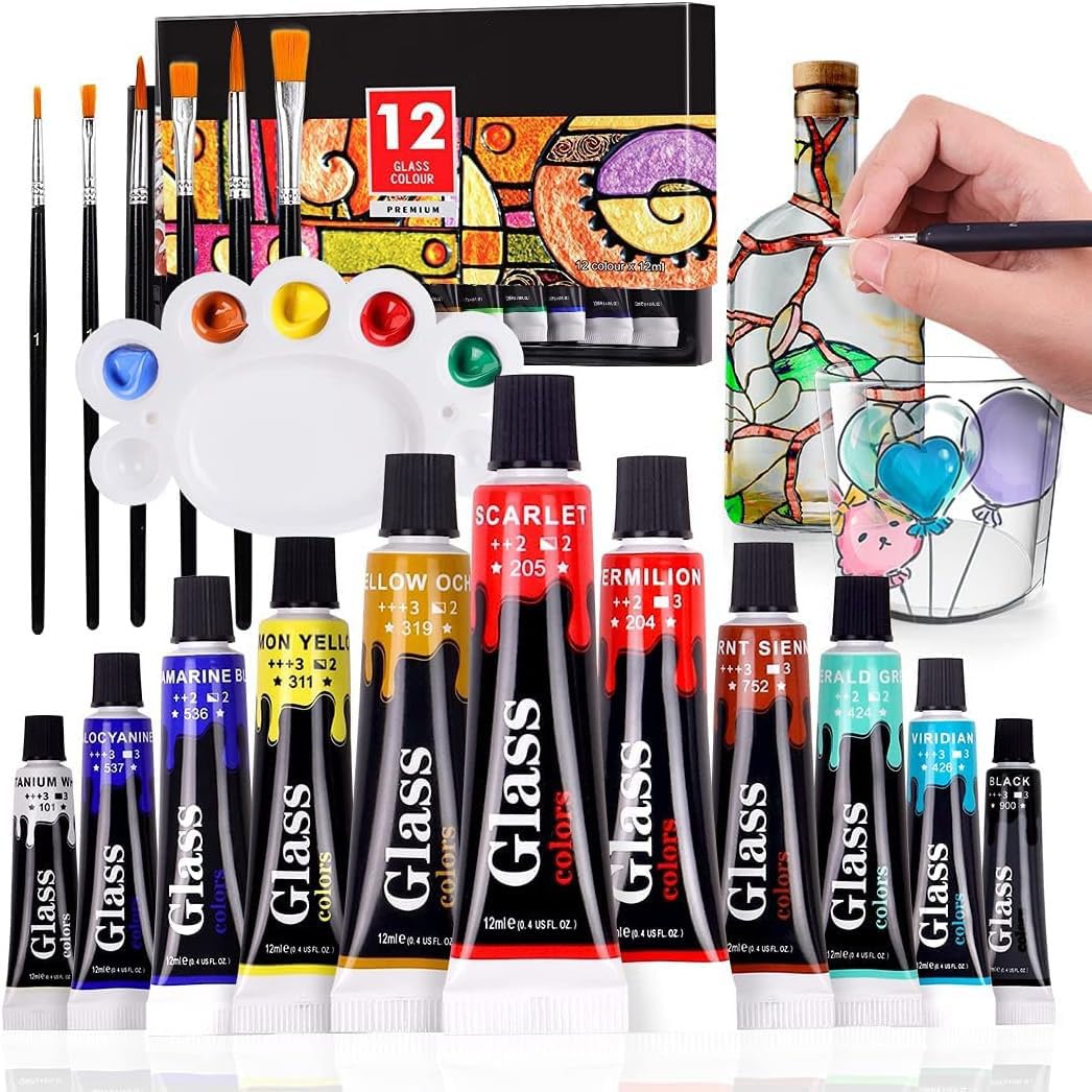 Glass Paint Set with 6 Brushes, 1 Palette, 12 Colors Glass Paints for Wine Glass, Bulb, Waterproof Enamel Paint Kit to Create Translucent Arts on Porcelain, Window & Ceramic,Party Favors Prizes