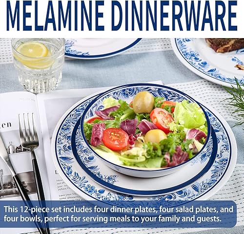 Miniatura 5 de Juego de vajilla de melamina, 12 piezas de vajilla floral, apto para lavavajillas, resistente a la rotura, uso en interiores y exteriores,