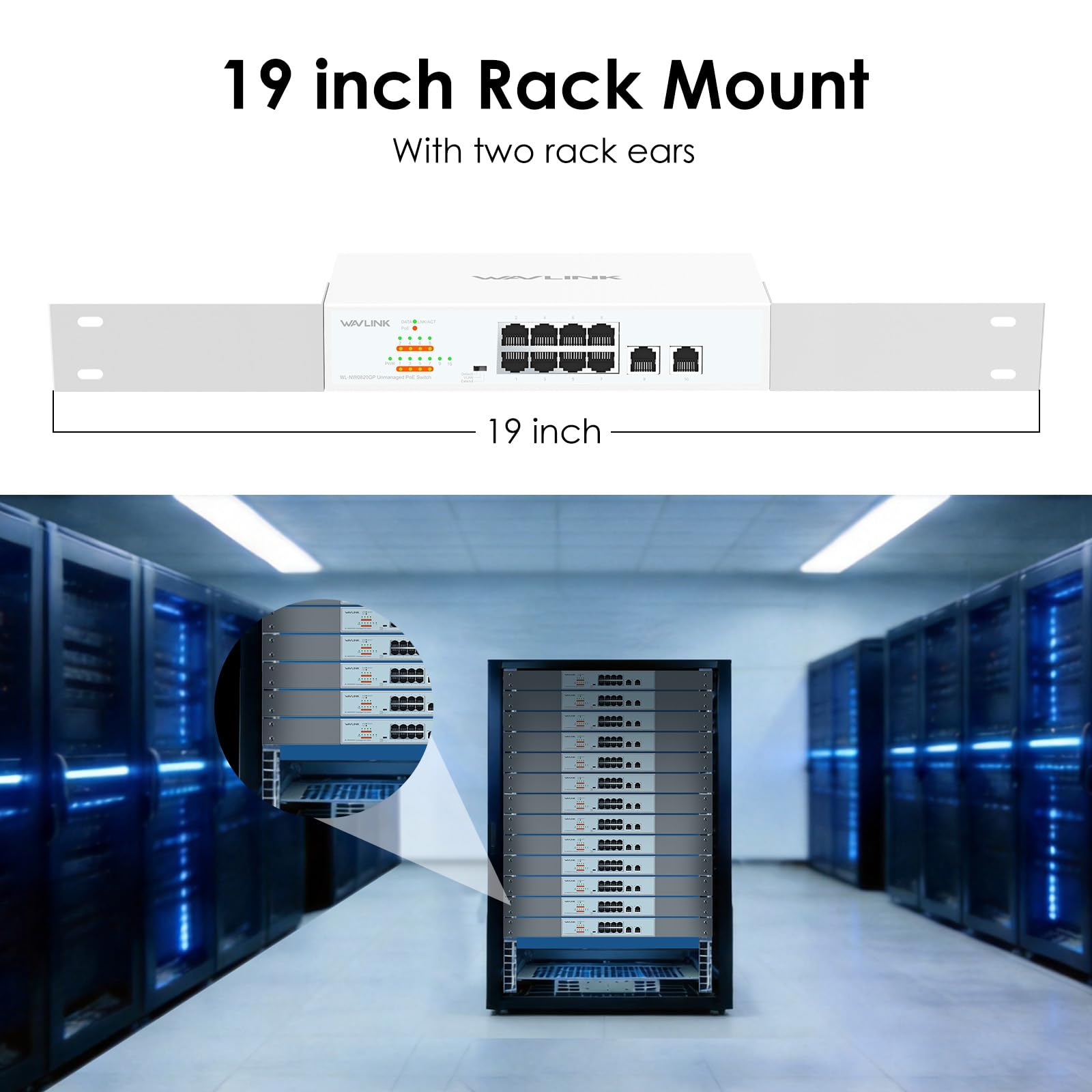 WAVLINK Switch Gigabit Non Géré à 10 Ports avec 8 Ports PoE+ et 2 Uplinks, Budget PoE Total 120W, IEEE 802.3af/at, Modes VLAN, Défaut et Extension, Montage Mur ou Bureau