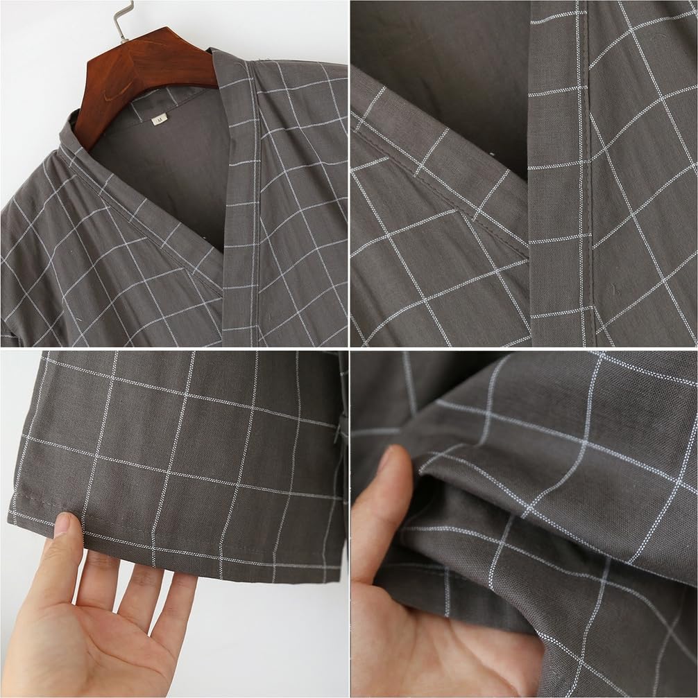 Hombres Algodón Kimono Robe SPA Albornoz Mediados de Longitud Plaid Sleepwear Kimono japonés para Hombres