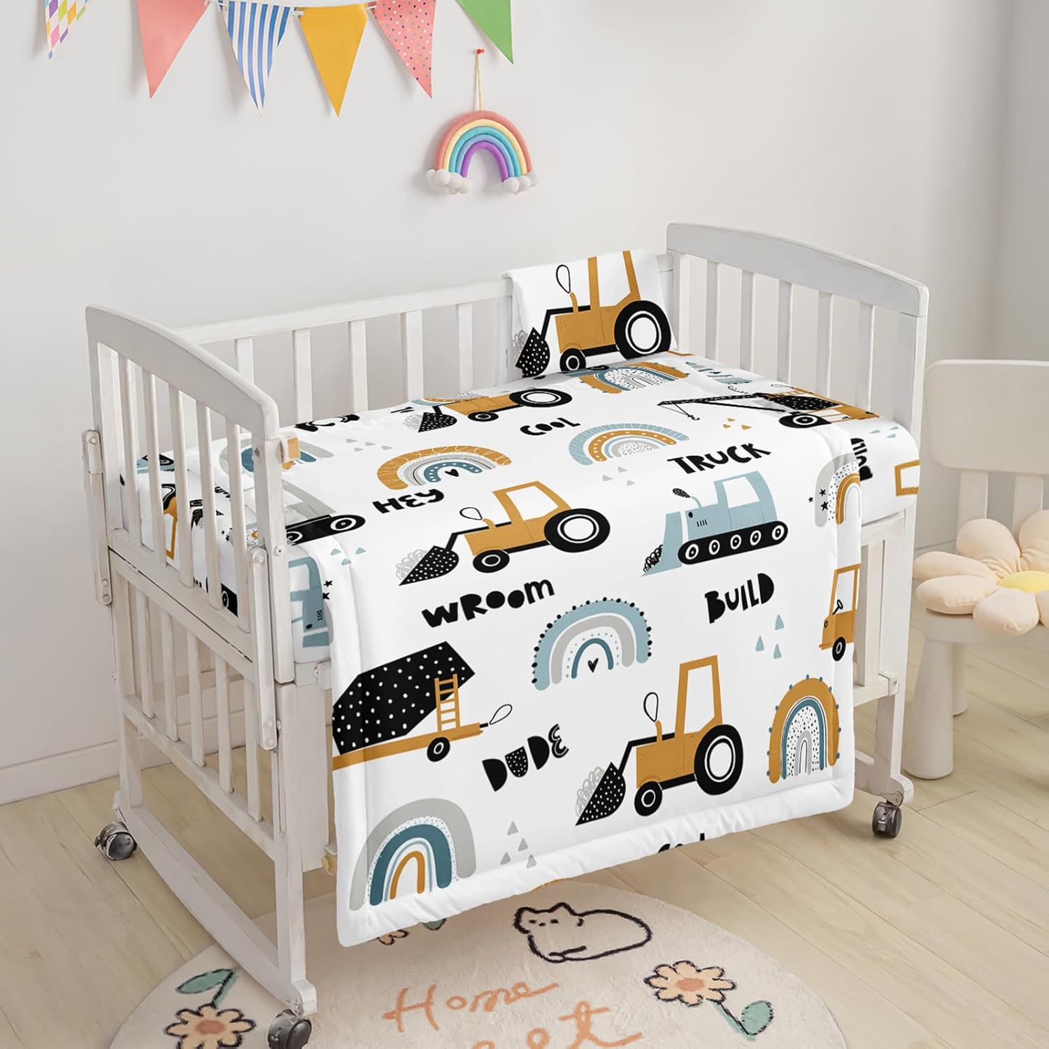 Axolotl Trucks Quilt Set for Boys,Cartoon Trucks Kids Bedding Set Soft Comforter Bed Set Including Quilt,Fitted Sheet & Bed Skirt, for Boys,White