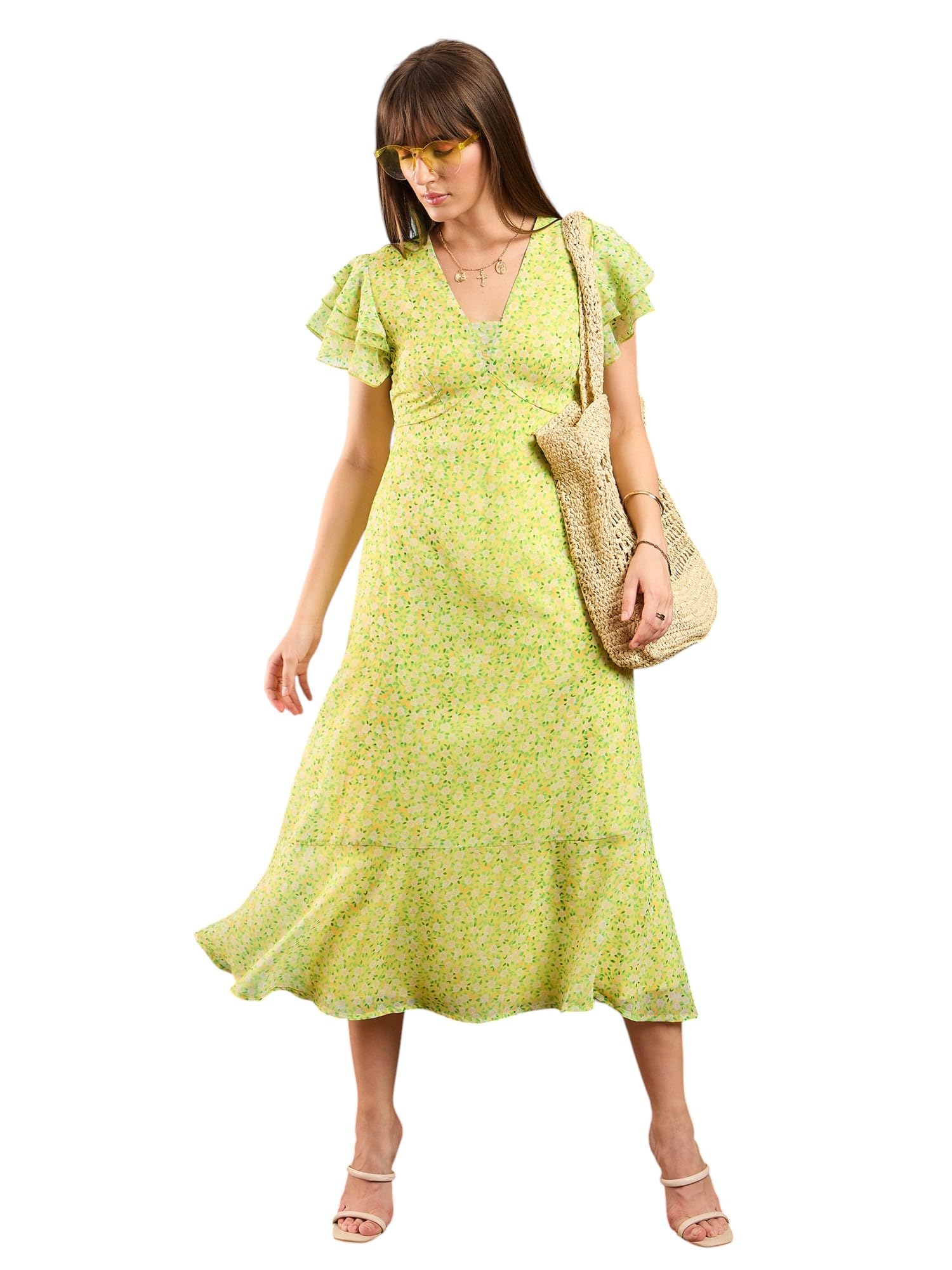 Women Ditsy Floral Flared Sleeve Midi Dress-image-26