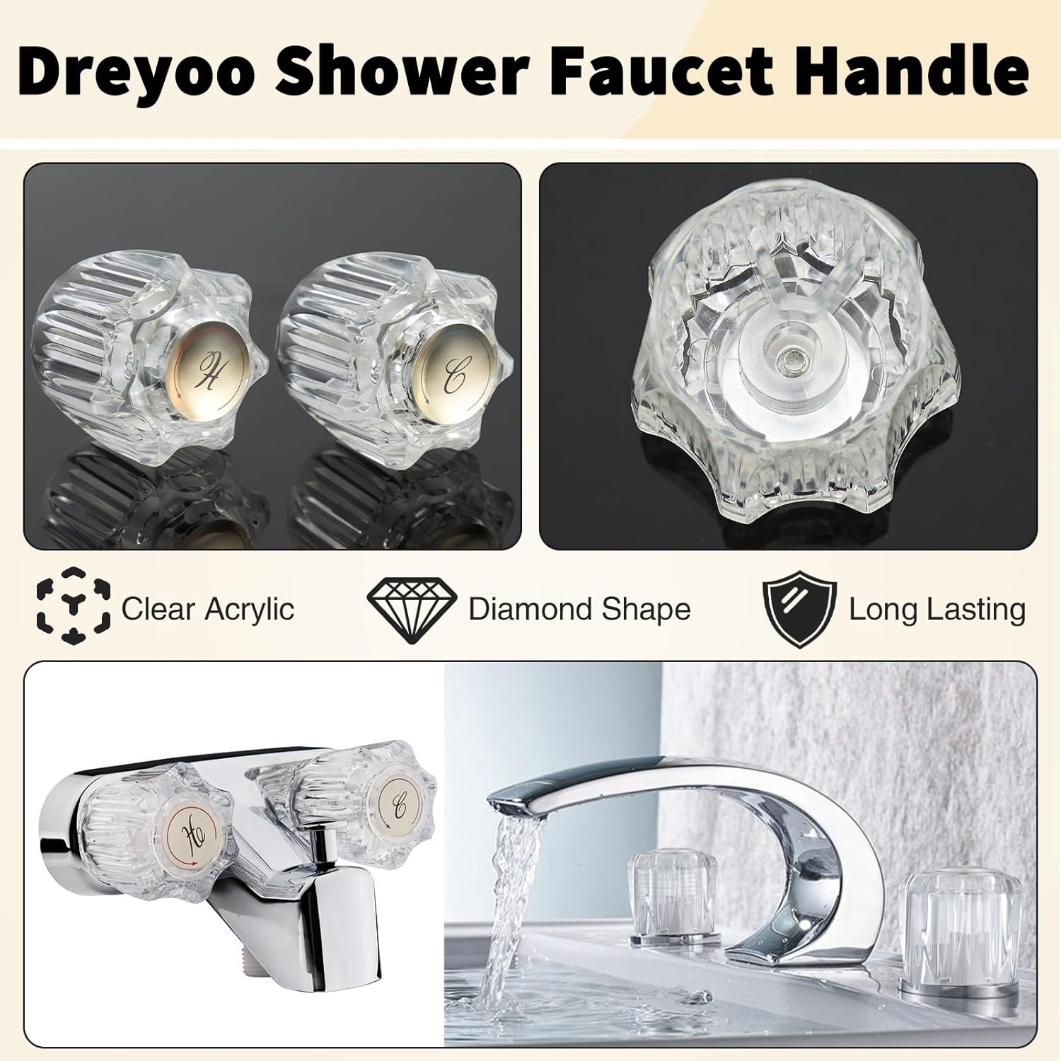 Bathroom Knobs Compatible with Delta/Delex Peerless Faucets, Handles Fits Prime-Line MP54260 Hot and Cold, Bathtub Handles in Clear Acrylic, 1 Kit