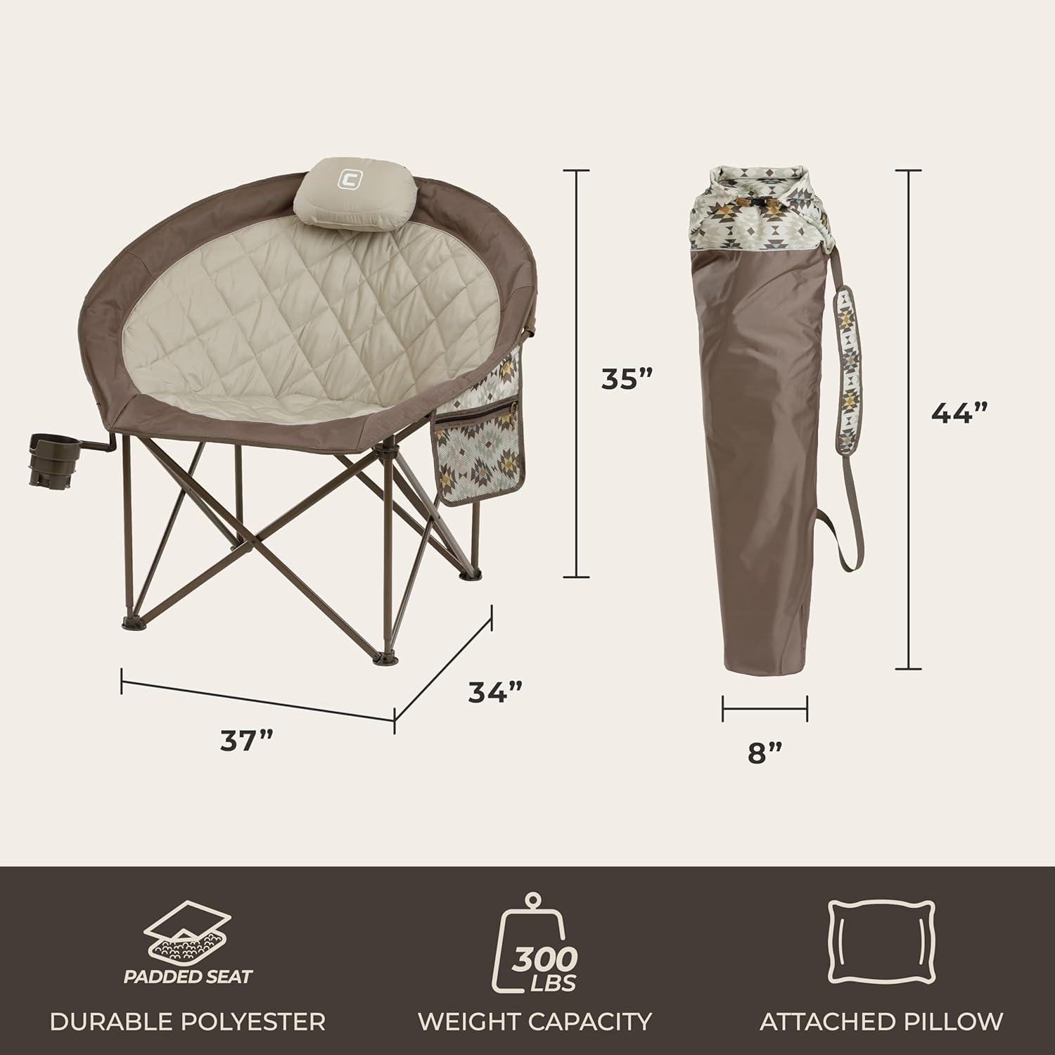 CORE Oversized Papasan Saucer Chair | Foldable Moon Lounge Chair with Cupholder & Storage Pocket for Indoor Home or Outdoor Camping | Perfect for Concert Seat, Sports, Beach, Travel & Picnic