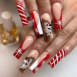 Long Square Christmas Press on Nails Red French Christmas Fake Nails with Cute Cartoon Squirrel Candy White Stripe Snowflake Bow Designs Glossy Full Cover Glue on Nails Winter Stick on Nail for Women