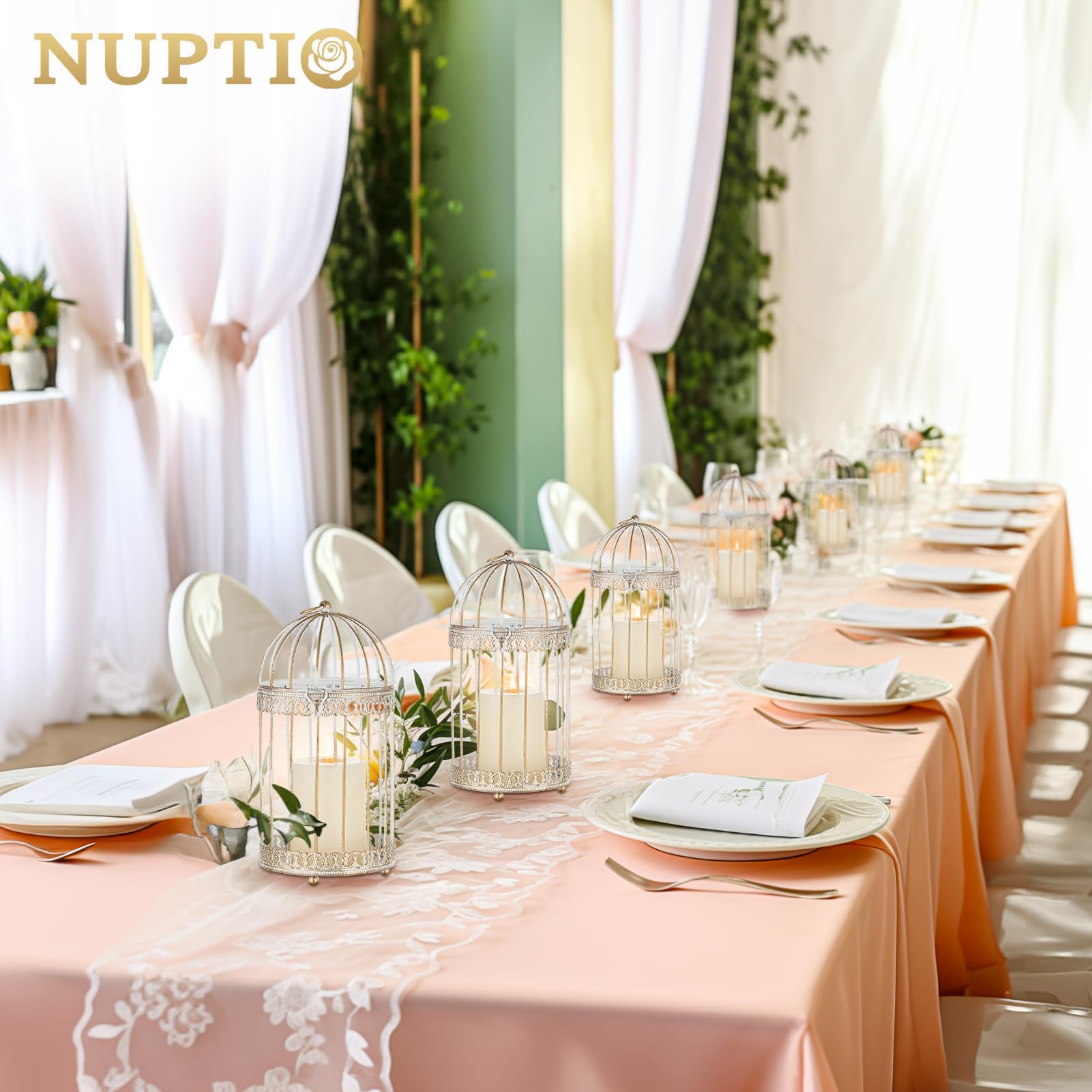 NUPTIO Portacandele a Pilastro Gabbia per Uccelli Bianco: 2 Set di 25,5 cm Decorativo Metallo Appeso Lanterna Centrotavola Portacandele a Gabbia per Uccelli in Ottone per Matrimonio Compleanno Festa