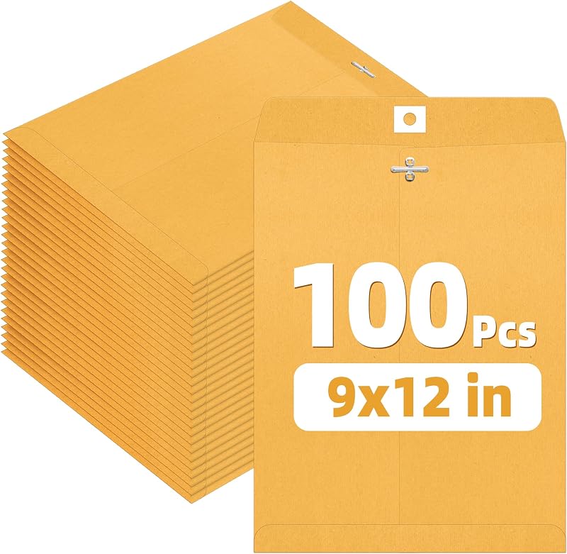 9"x12" Envelopes, 28-lb Heavyweight Kraft Paper, 100 Count, Brown Envelopes with Metal Clasp, for Storing, Mailing & Organizing Documents, Photos