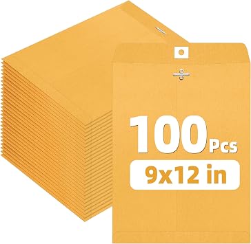 SUNEE 9"x12" Envelopes, 28-lb Heavyweight Kraft Paper, 100 Count, Brown Envelopes with Metal Clasp, for Storing, Mailing & Organizing Documents, Photos