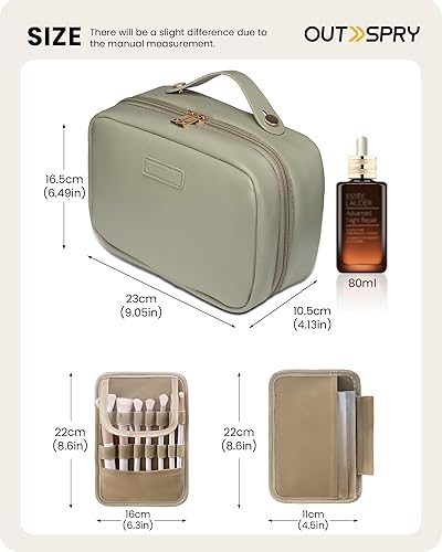 Miniatura 4 de OutSpry Bolsa de maquillaje de viaje con divisor de brochas de maquillaje desmontable Bolsa de cosméticos de piel sintética de gran capacidad, bolsa