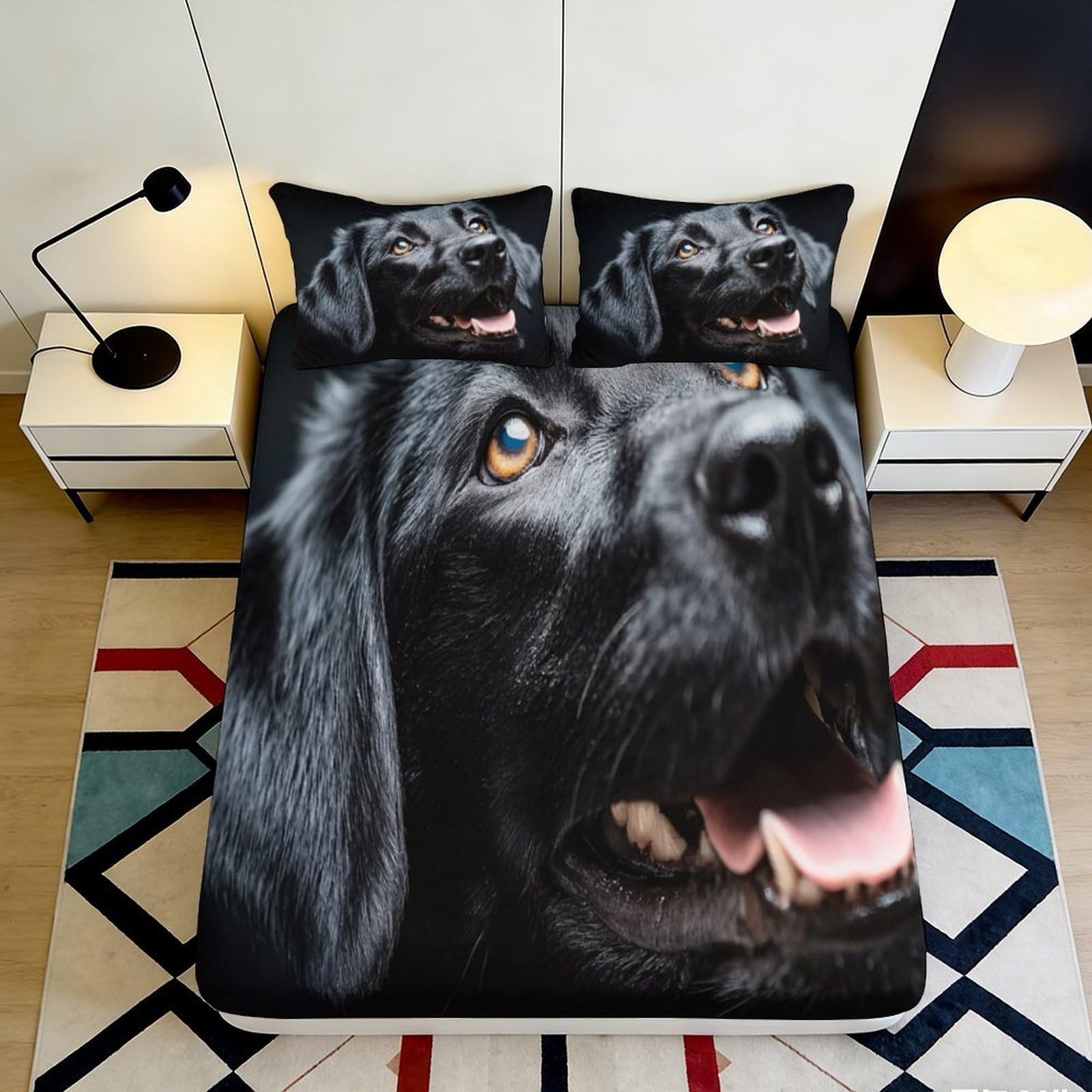 3D Printed Black Labrador Dog Fitted Sheet Microfiber Soft Durable Black Dog Bed Cover for Bedroom Dormitory Guest Room Mattress Protection 120x200x25cm