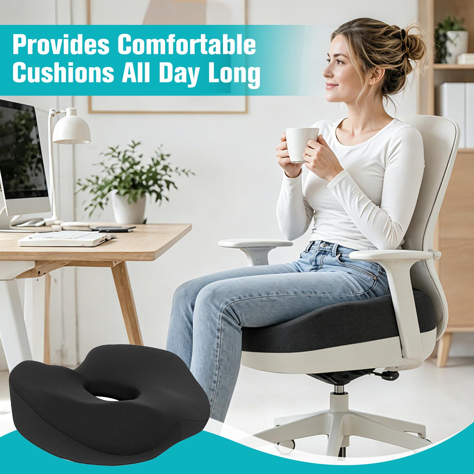 KIENG Cuscino da seduta in memory foam, per coccige, per alleviare la sciatica, il dolore all'anca e al coccige, per sedie da ufficio, sedie a rotelle, auto, con base antiscivolo per sedersi a lungo