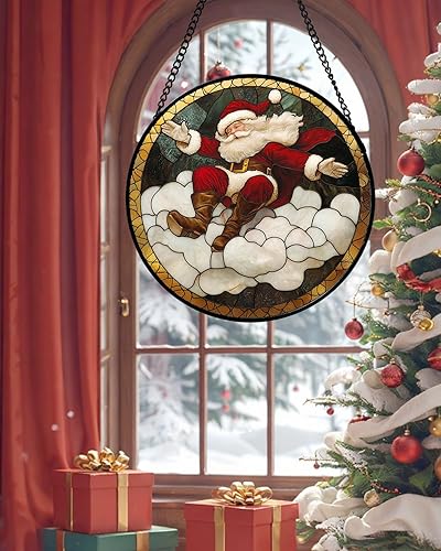 Miniatura 3 de Adorno de Vidrio Teñido para Colgar en Ventana - Nubes de Santa Claus Rojo y Blanco, Atrapasoles para Puertas, Decoración Navideña para el Hogar,