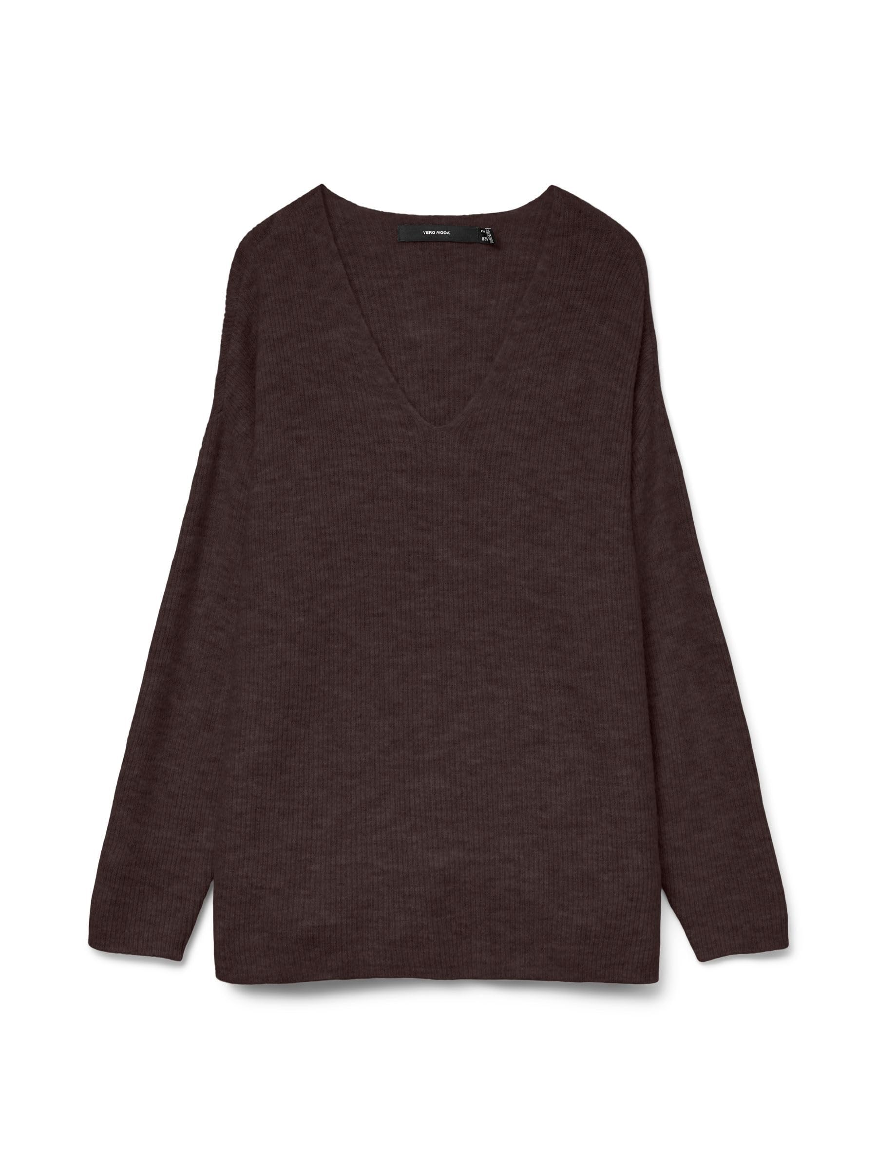 VERO MODA Women's Vmcrewlefile LS V-Neck Blouse Noos Sweater, Chocolate Cake/Detail: Melange, M
