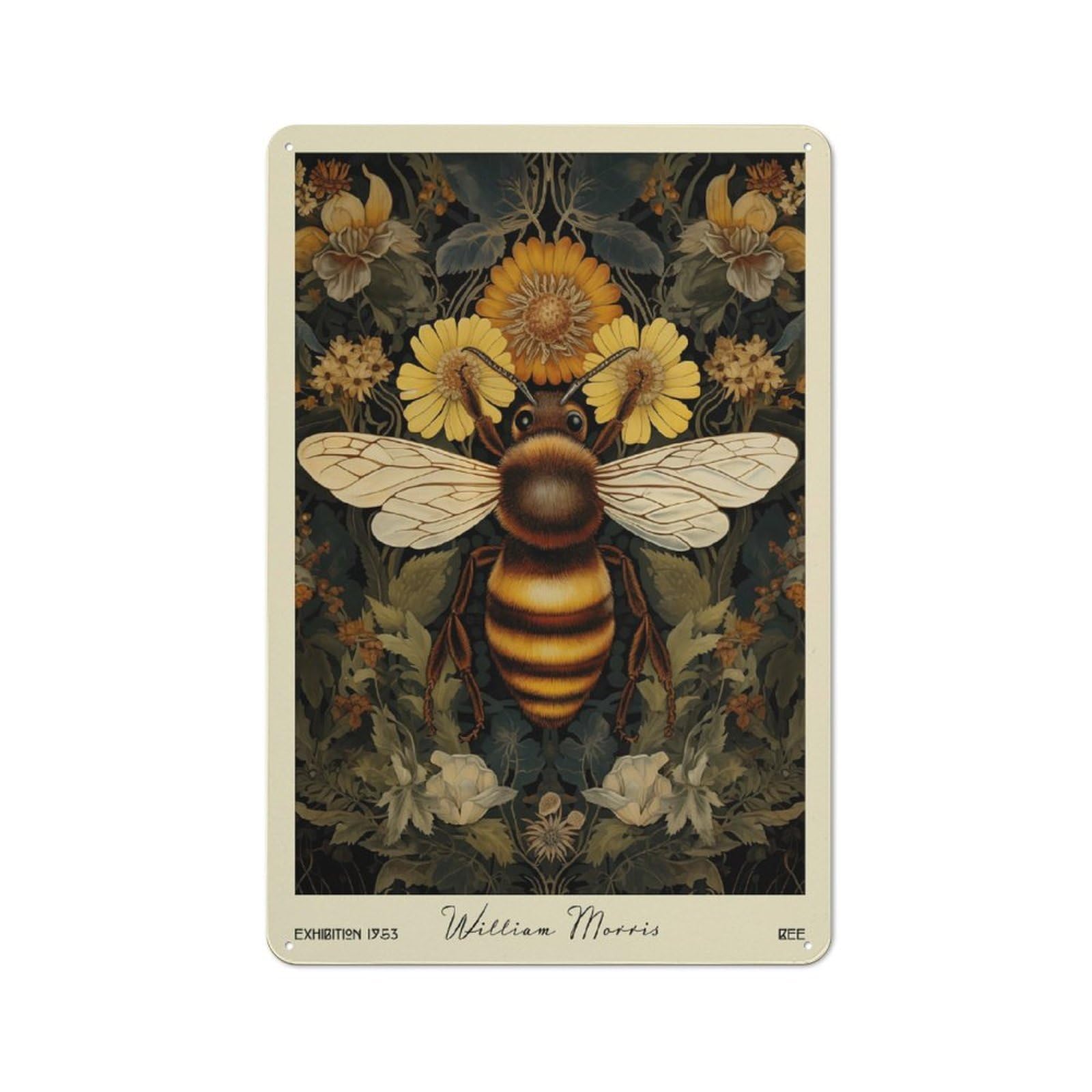 Junmoney Style-22 William Morris Bee And Flowers Art Industrial Metal Wall Decor 30X20cm, Retro Metal Sign For Workshop, Basement, Shed Or Games Room