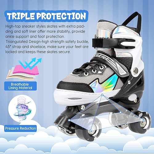 Miniatura 3 de Patines para niñas y niños, negro, rosa, morado, 4 tamaños, ajustables, con ruedas iluminadas y diseño superior brillante, patines para niños