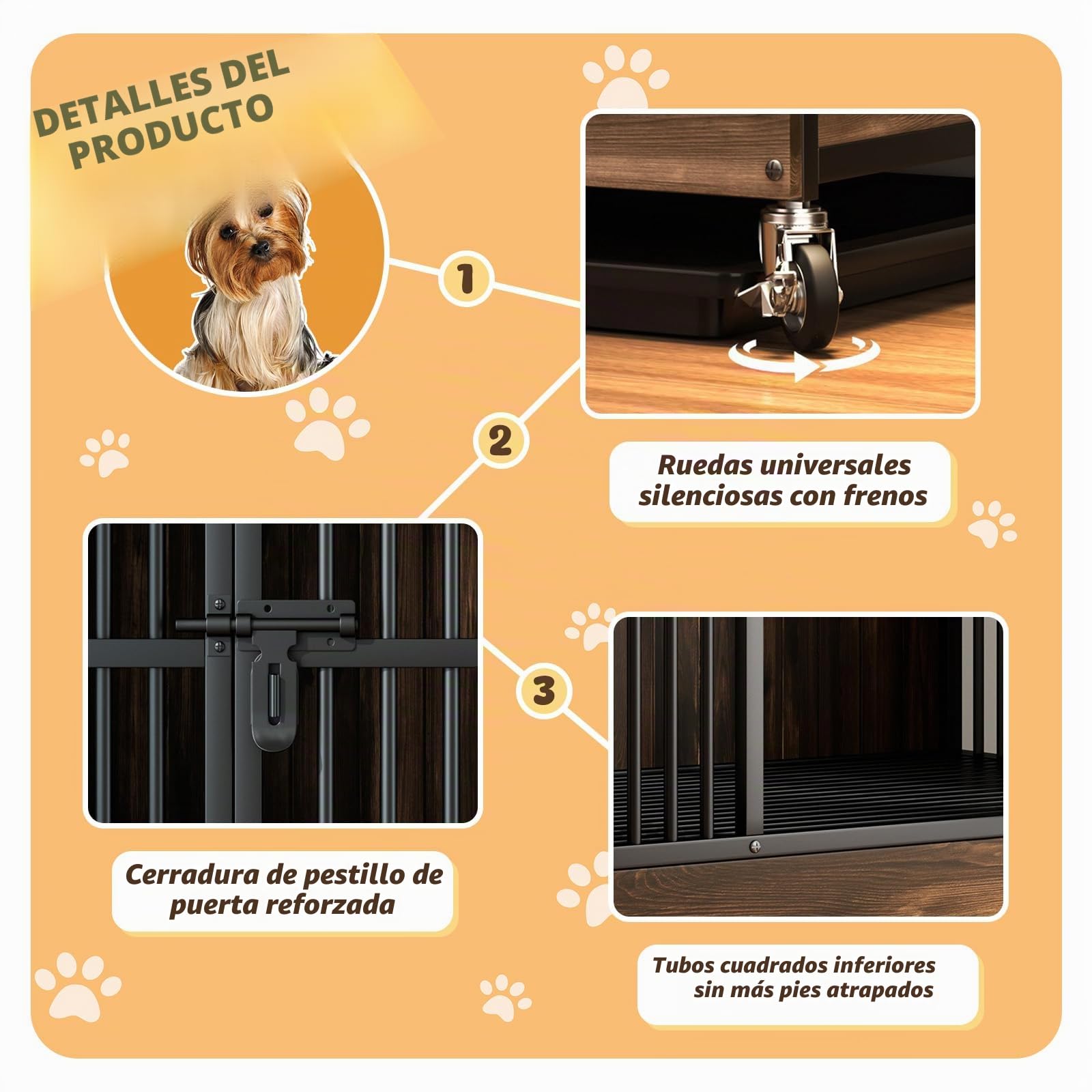 Jaula de Madera para Perros con Bandeja Extraíble y Ruedas | Diseño tipo mueble, Techo resistente, Marrón, 80 × 52 × 77 cm, Tamaño S