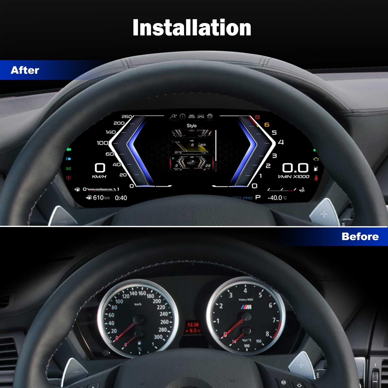 12,3 pollici Quadro Strumenti Digitale per BMW Serie 5 E60 E61 X5 E70 X6 E71 con CCC/CiC, Cruscotto con Display LCD, Supporta Pressione Pneumatici, Temperatura Olio, 7 Temi UI, Pulsanti al Volante