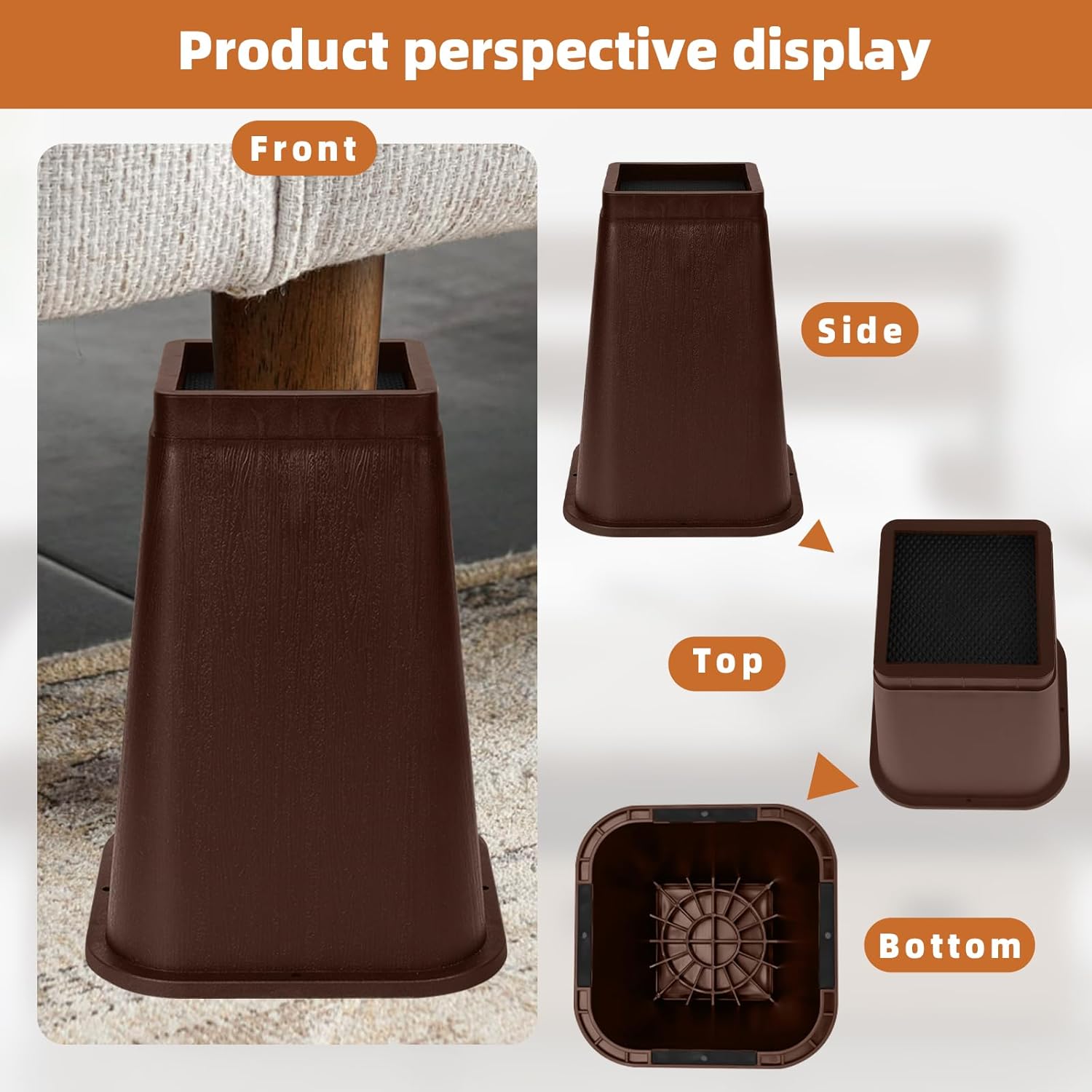 8 inch bed risers adjustable furniture risers - heavy duty non-slip lift supports for beds/couches/sofas, durable square design with creates storage space (4 pack brown, 8 inch square) 8 inch square 4 pack brown