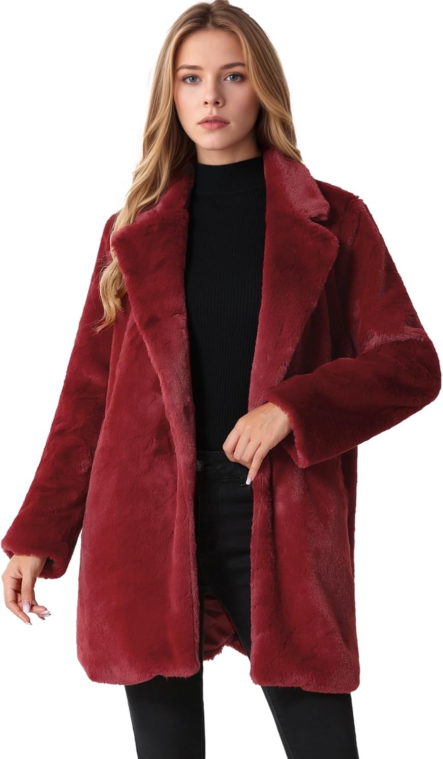 Allegra K Women's Faux Fur Coat Lapel Warm Overcoat Winter Open Front Casual Long Fluffy Jackets