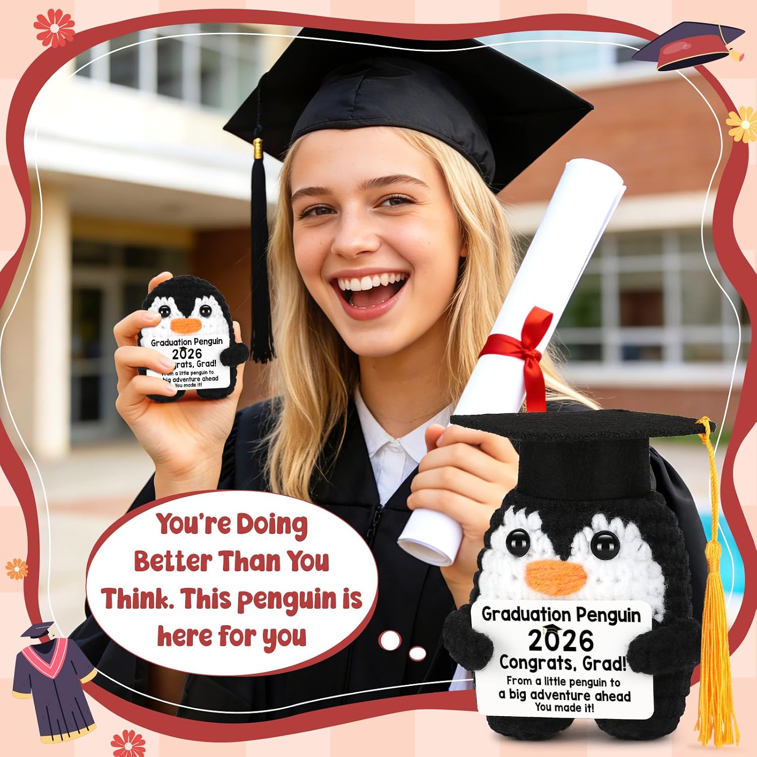 CryCarrot 2026 Graduation Gifts, Funny Handmade Crochet Penguin Class of 2026 Graduation Gifts for Women Men Her Him, College Middle High School Graduation Inspirational Grad Gift Small Cute Decor