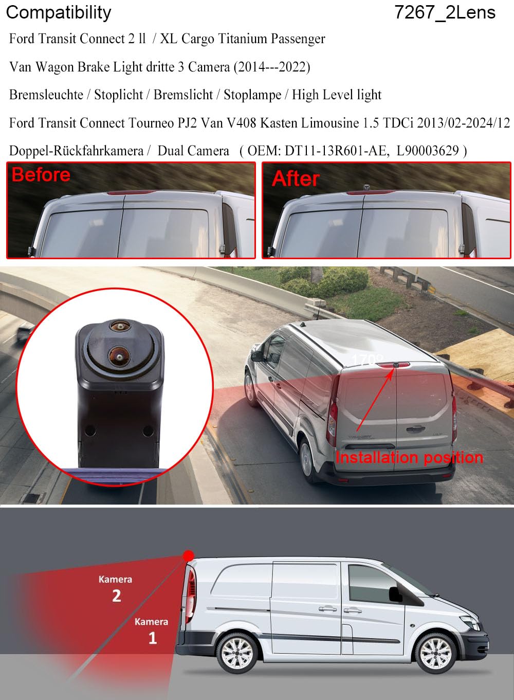 Doppellinsen-Rückfahrkamera mit 3. Bremsleuchte, Dual Rückfahrkamera, Rückfahrkamera mit Zwei Kameras+7 Zoll LCD Rückspiegel für Ford Transit Connect 2 ll/XL Cargo Titanium Passenger