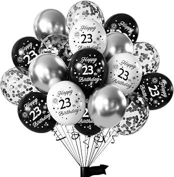Yiran Happy 23th Birthday Balloons, 12inch Latex Confetti Number 23 Balloons, 16Pcs Black Silver Birthday Party Deocorations Supplies