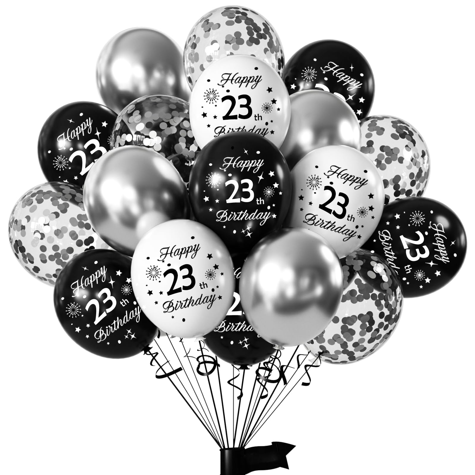 Yiran Happy 23th Birthday Balloons, 12inch Latex Confetti Number 23 Balloons, 16Pcs Black Silver Birthday Party Deocorations Supplies