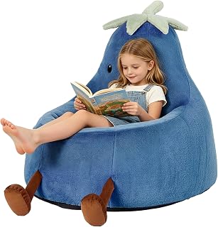 24 Inches Memory Foam Bean Bag Chair - Ultra Soft Faux Rabbit Fur Round Sofa with Handle & Machine Washable Cover, Eggplant-Shaped Kids Reading Chair for Bedroom, Living Room and Playroom, Navy