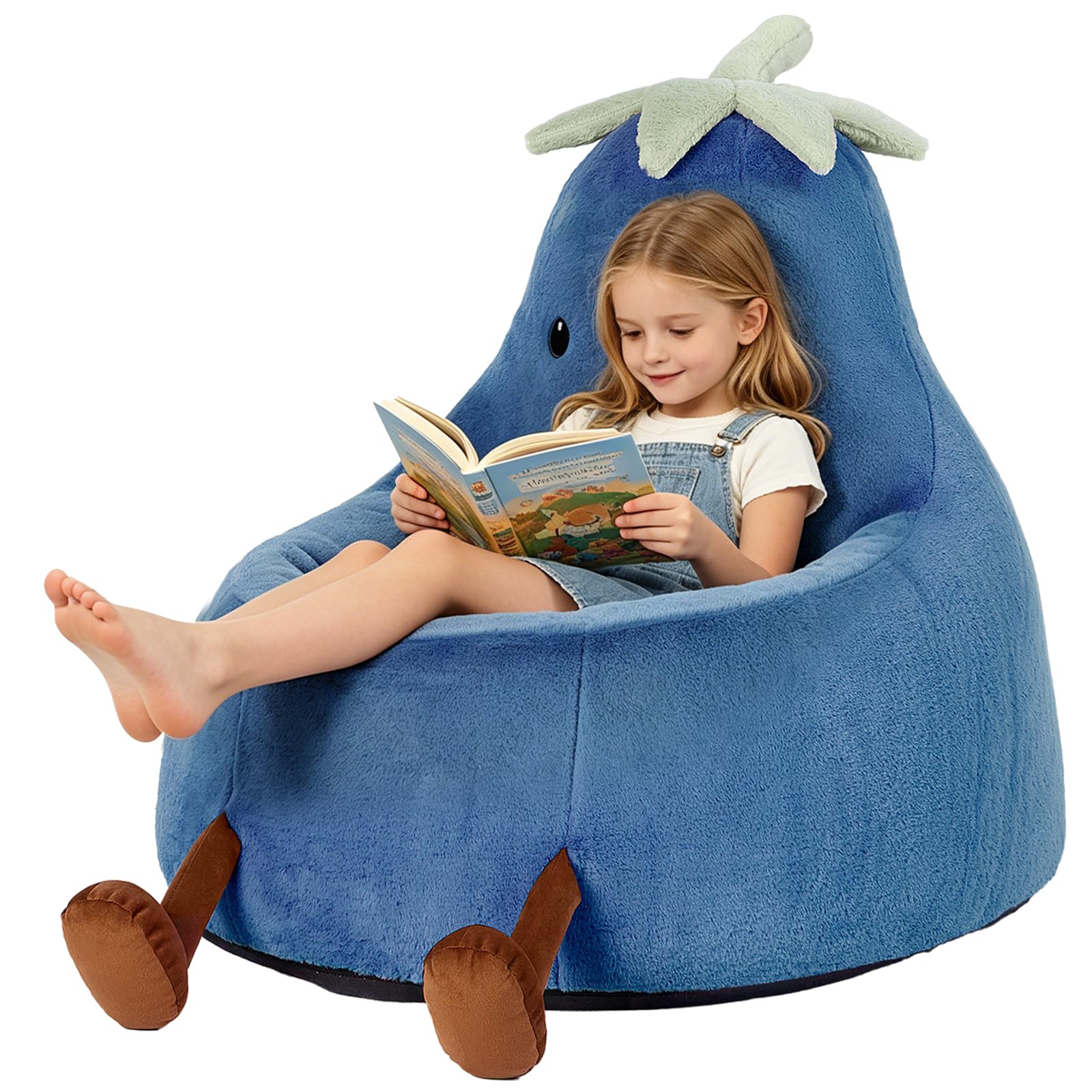 24 Inches Memory Foam Bean Bag Chair - Ultra Soft Faux Rabbit Fur Round Sofa with Handle &amp; Machine Washable Cover, Eggplant-Shaped Kids Reading Chair for Bedroom, Living Room and Playroom, Navy