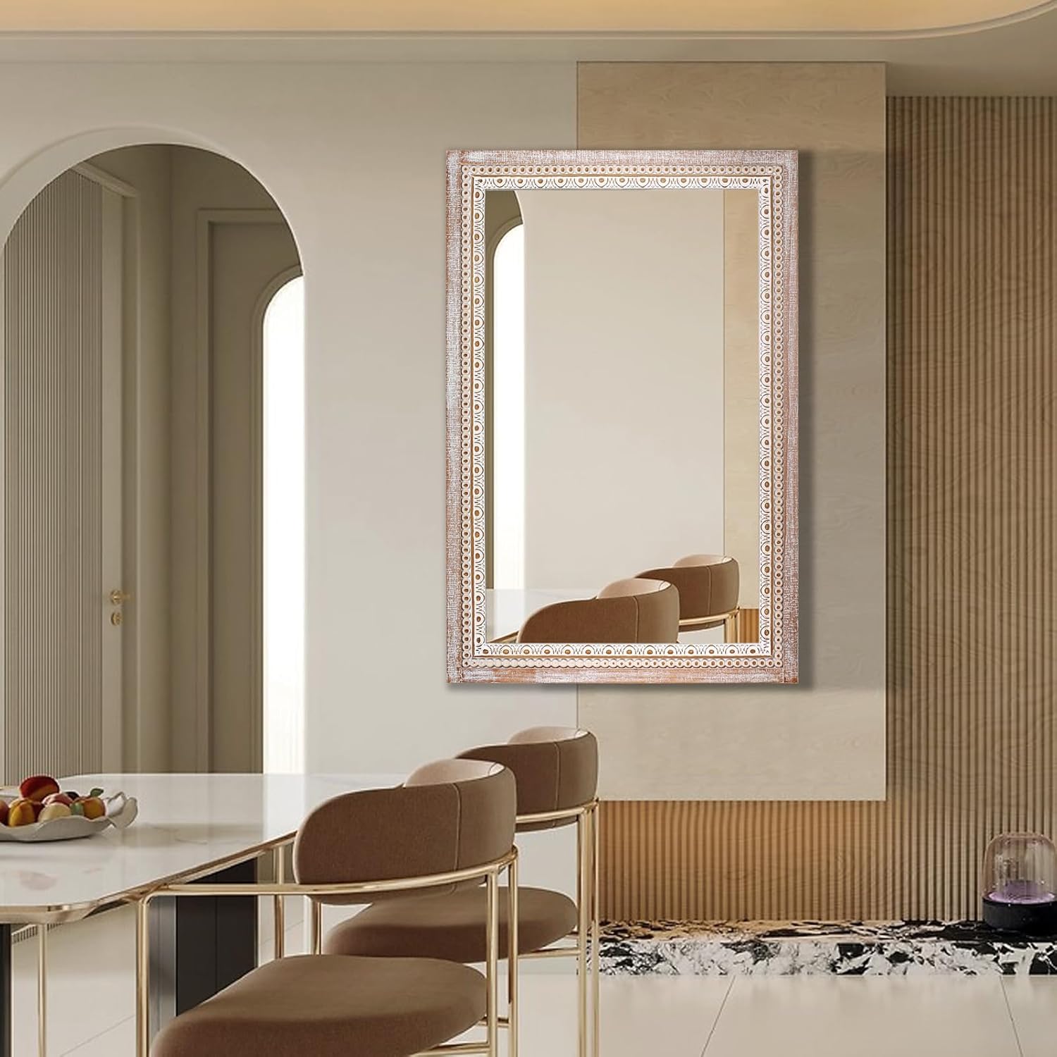 36x24 Inch Wooden Rectangle Bathroom Mirror, Rustic Decorative Wall Mirror for Over Sink, Living Room, Entryway, Boho Farmhouse Mirror with Beaded Frame (Horizontal/Vertical Mounting)