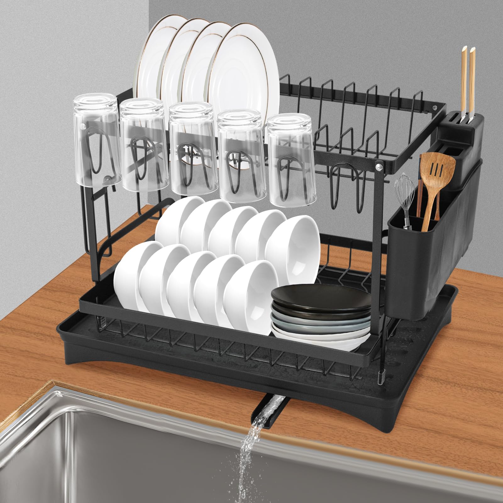 Escurreplatos de acero inoxidable, escurridor de platos, bandeja de goteo de 2 niveles, escurridor de platos para platos, tazas, tabla de cortar (negro)