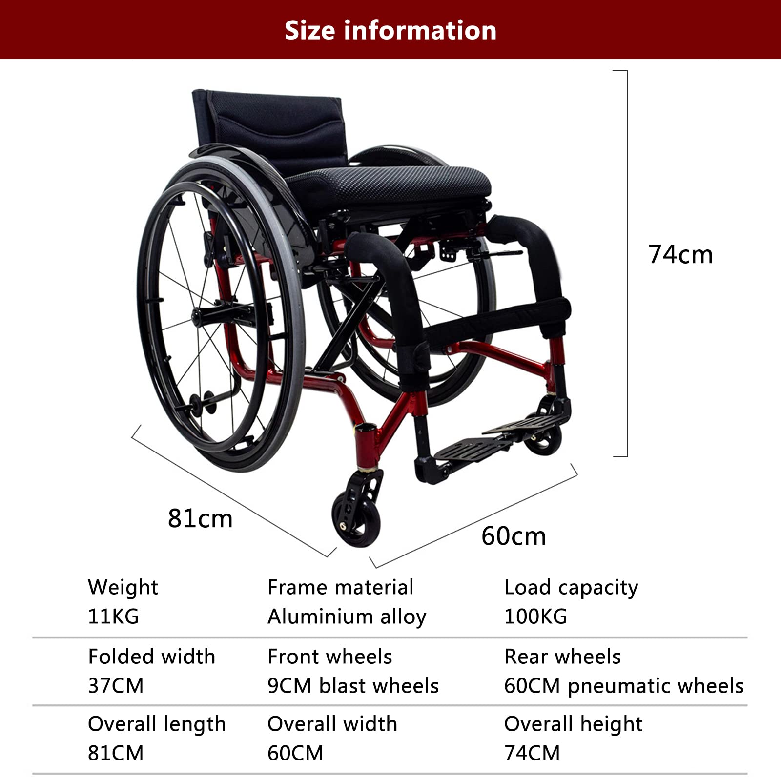 Sedia a rotelle Sportiva Leggera, Sedia a rotelle Ultraleggera, Sedia a rotelle Manuale Multifunzionale in Alluminio, Sedia a rotelle Sportiva Leggera,Red