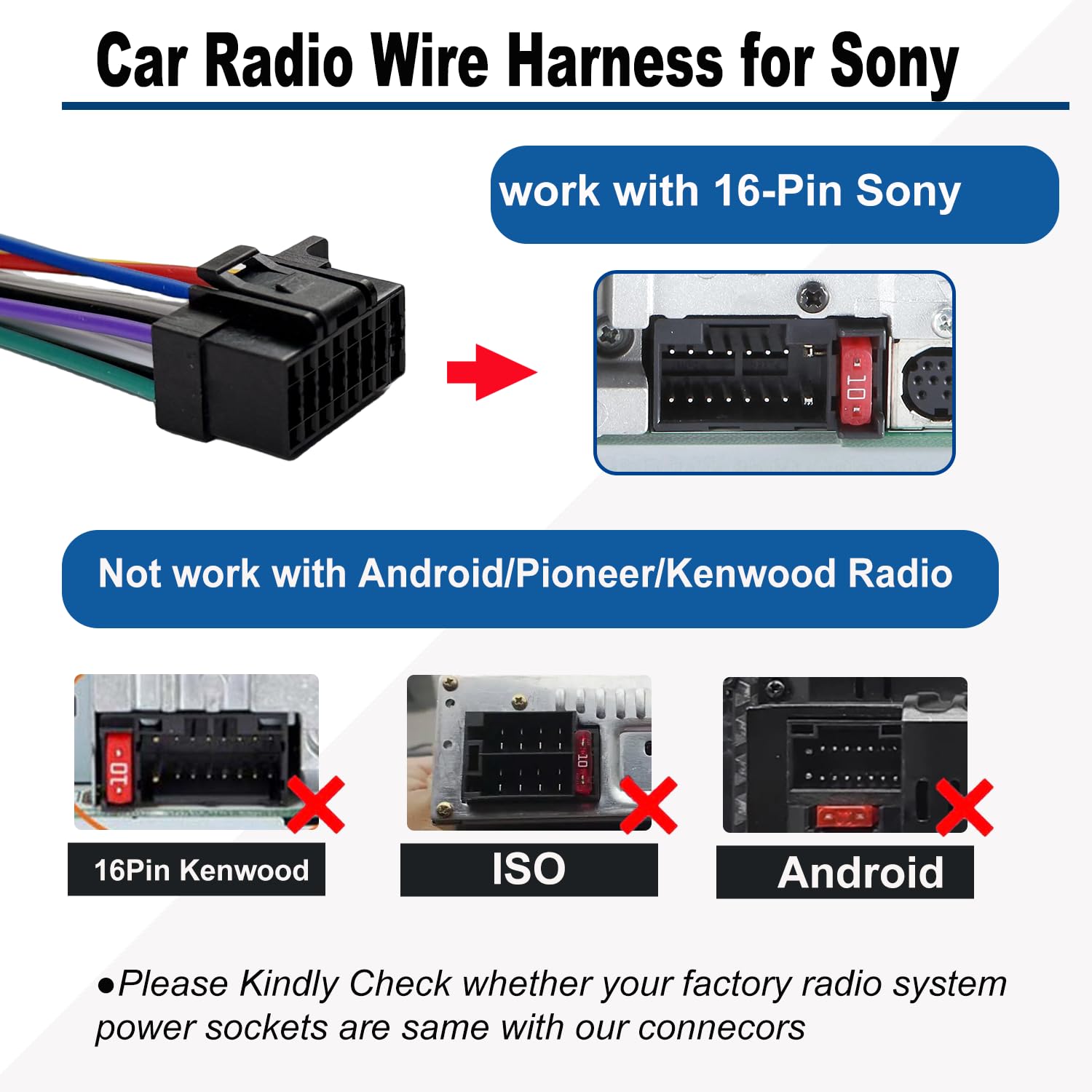 16 Pin Sony Wiring Harness Radio Stereo Connector for Aftermarket Power and Speaker Wire Harness Replacement for Sony CDX DSX DXS MEX WX,Sony Stereo Power Plug for CDXGT57UPW DSXM80 MEXN4300BT WX920BT
