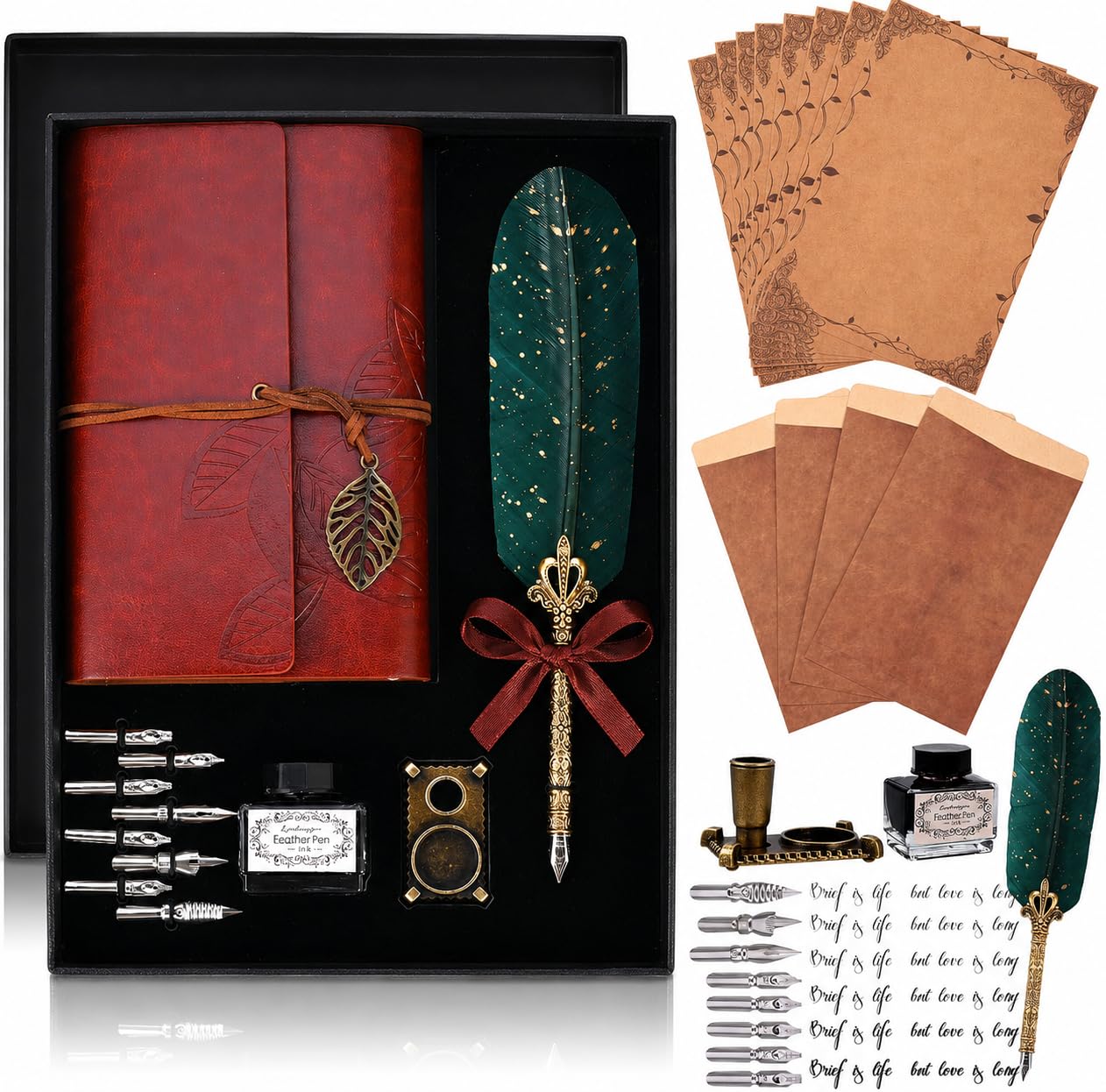 Cieex Caligraphie Ecriture Kit Ensemble de Stylo Plume Calligraphie Vintage avec Plumes de Rechange, Encre, Porte-Stylo, Papiers à écrire, Enveloppes et Carnet de Notes Cadeau pour Lui, Homme, Papa