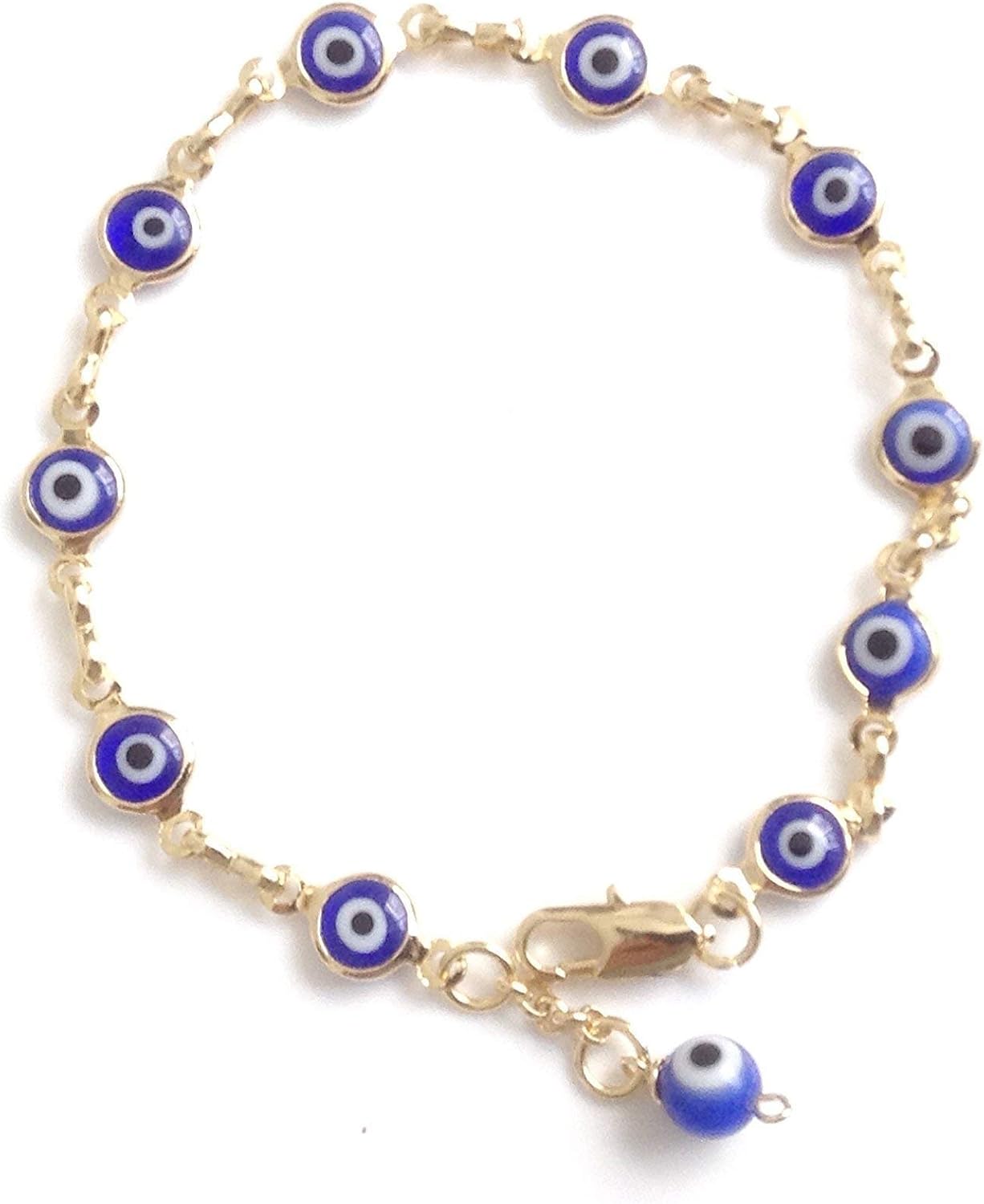 Blue Evil Eye Gold Plated Bracelet 7 Inches Glass Beads Pulsera Mal de Ojo