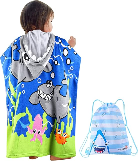 Dark Blue Shark Kids Hooded Towel, Beach Bath Poncho Towels, Ultra Soft Swimming Bathrobe with Storage Bag for Boys Girls Children Toddler, Suitable for Children Under 160 cm