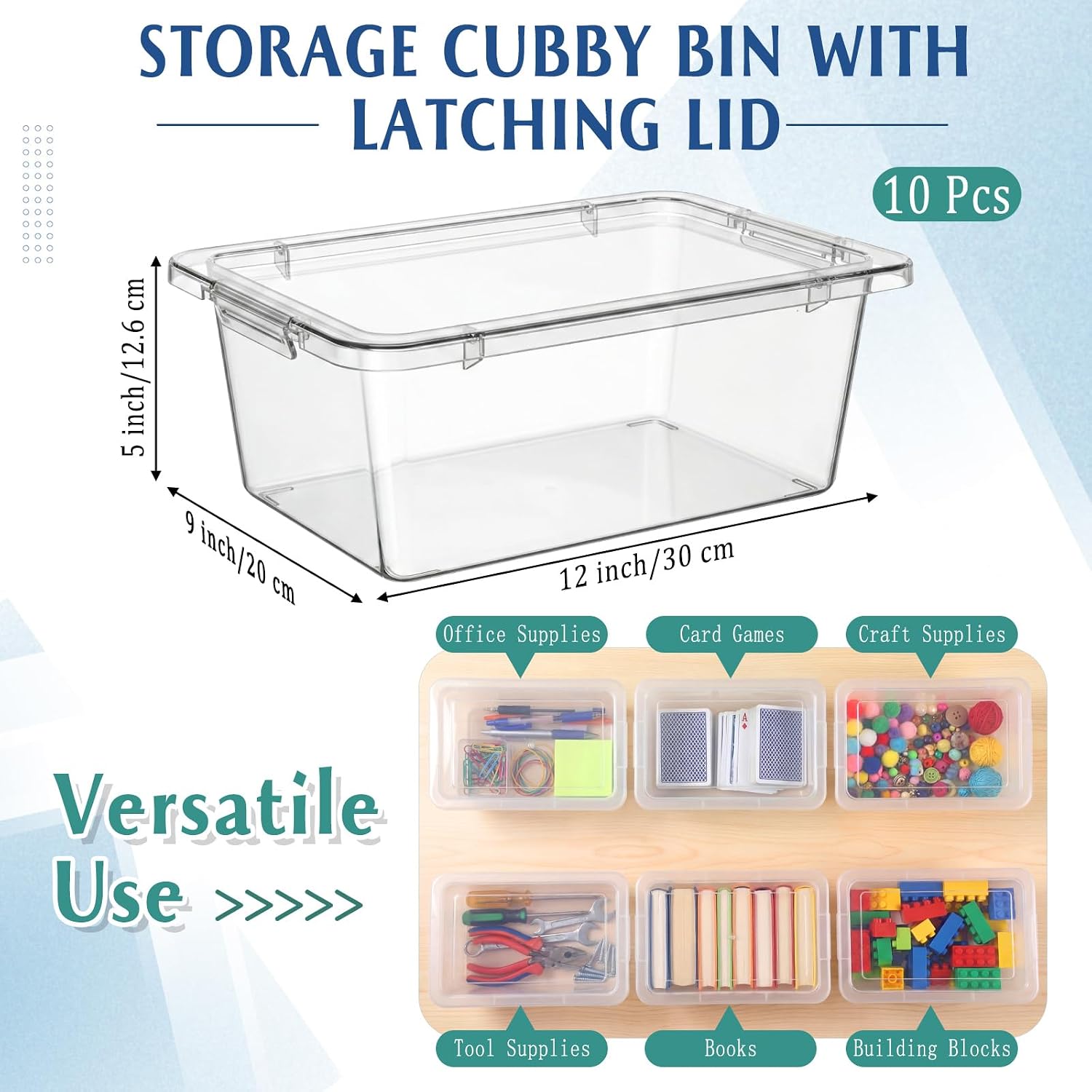 10 Pcs Cubby Bin with Clear Latching Lid Label Sticker Colored Plastic Stackable Book Storage Container for Classroom Office Home Sorting Arts Craft Desk Organizer(Clear)