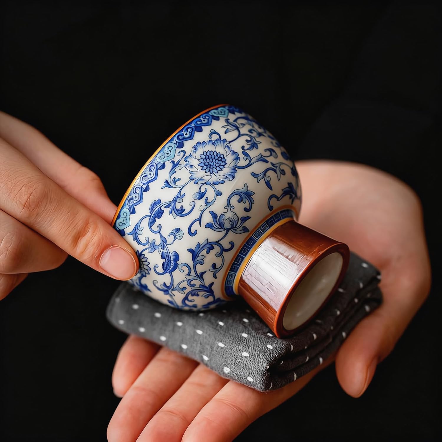 Blue and White Porcelain Fluted Tea Cups Set of 2, Elegant Chinese Floral Ceramic Tea Cup, 3 oz, Multipurpose as Dessert Dish, Snack Bowl, Soy Sauce Dish or Candle Holder for Home Decor