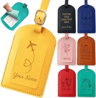 Personalized Leather Luggage Tags with Strap and Name ID Card, Custom Logo Bag Tag Engraved with Design Texts, Customized Gifts for Travelers Wedding Corporate Souvenirs(Up to 10 Pcs)