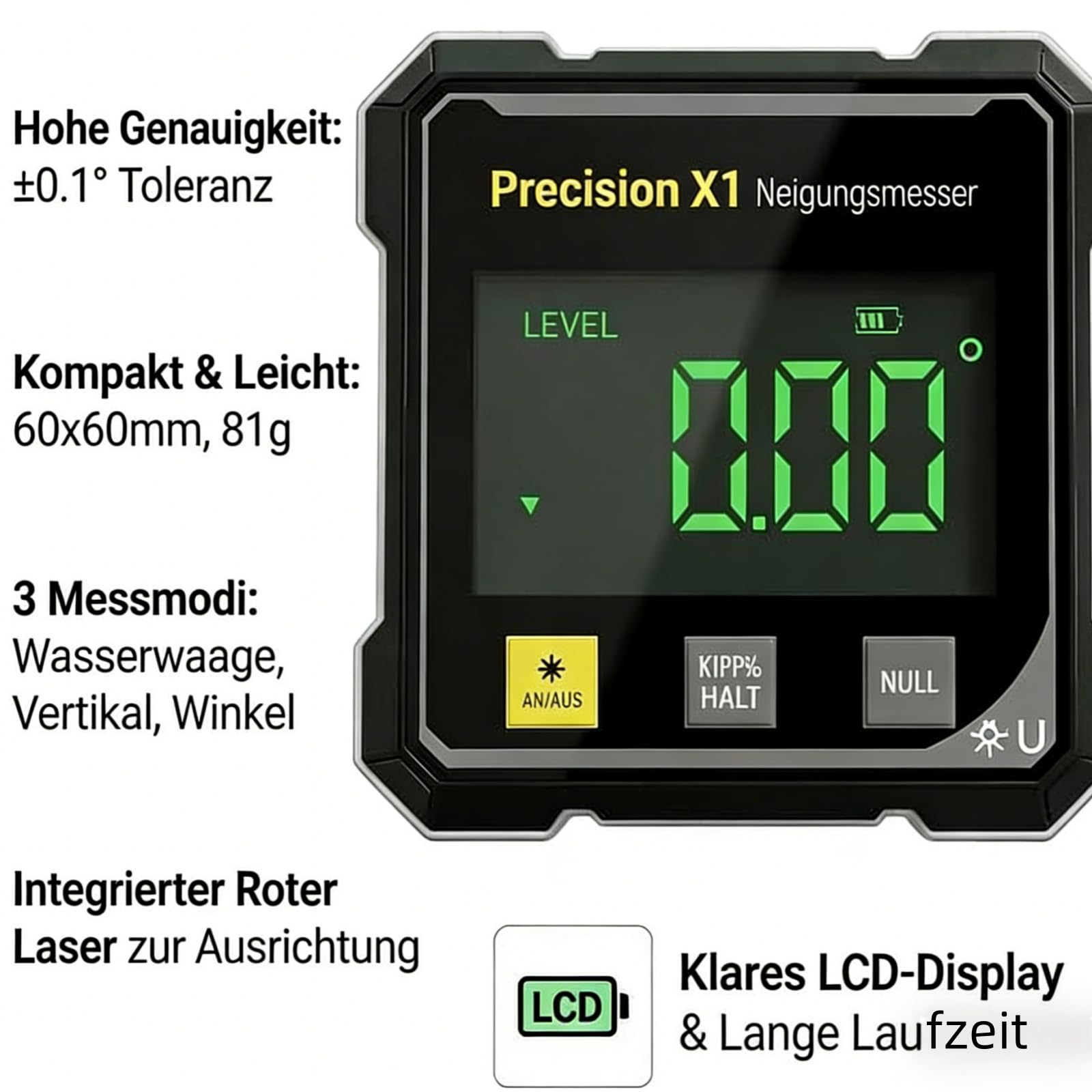 Outil de précision laser 5 en 1, rapporteur d'angle numérique avec écran LCD et fixation magnétique à 4 côtés, étanche IP54, adapté pour la construction et le travail du bois