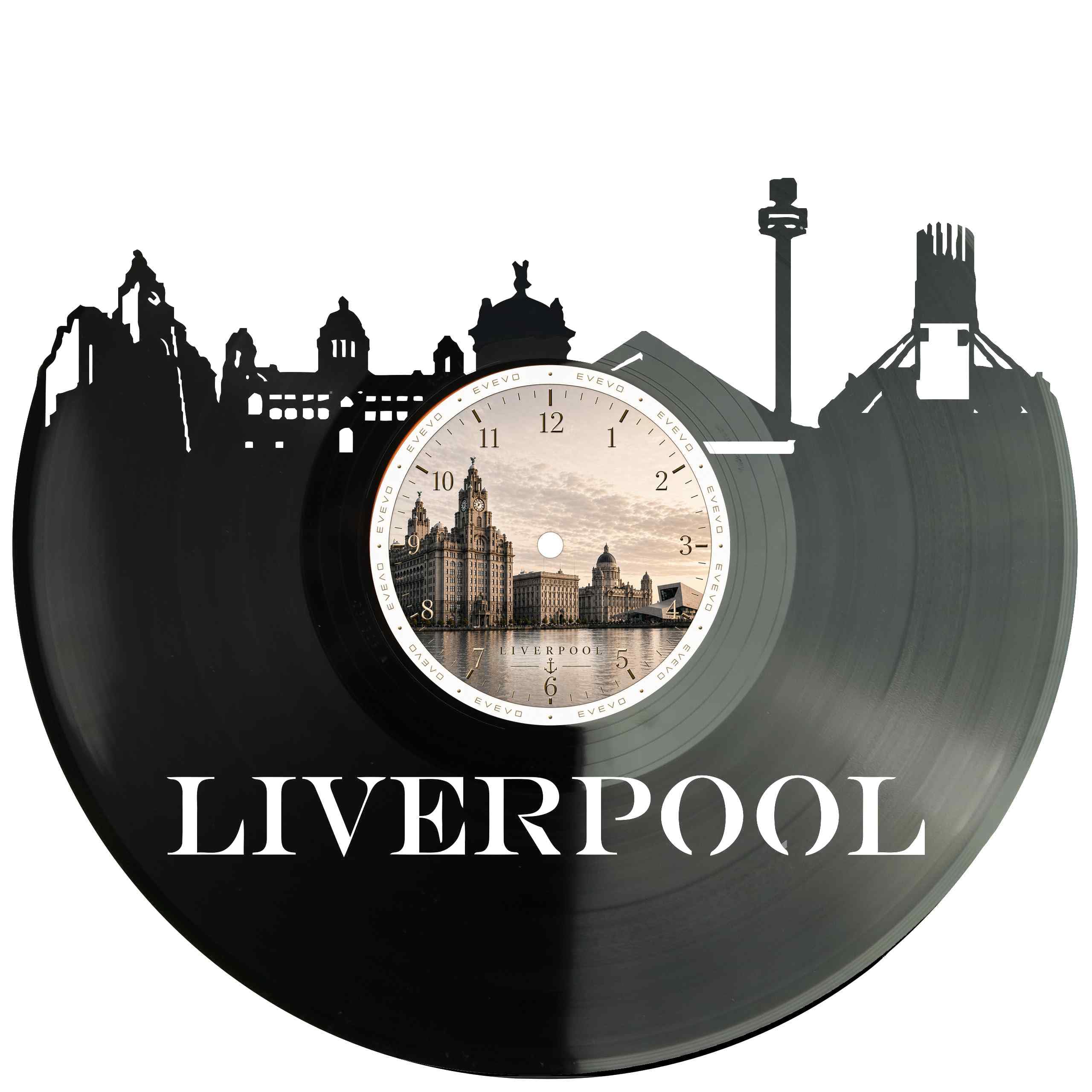 EVEVO Decorazione da parete a forma di disco Liverpool, in vinile, motivo skyline dell'Inghilterra, regalo per gli appassionati di Liverpool, amanti della musica, appassionati di calcio, D0012